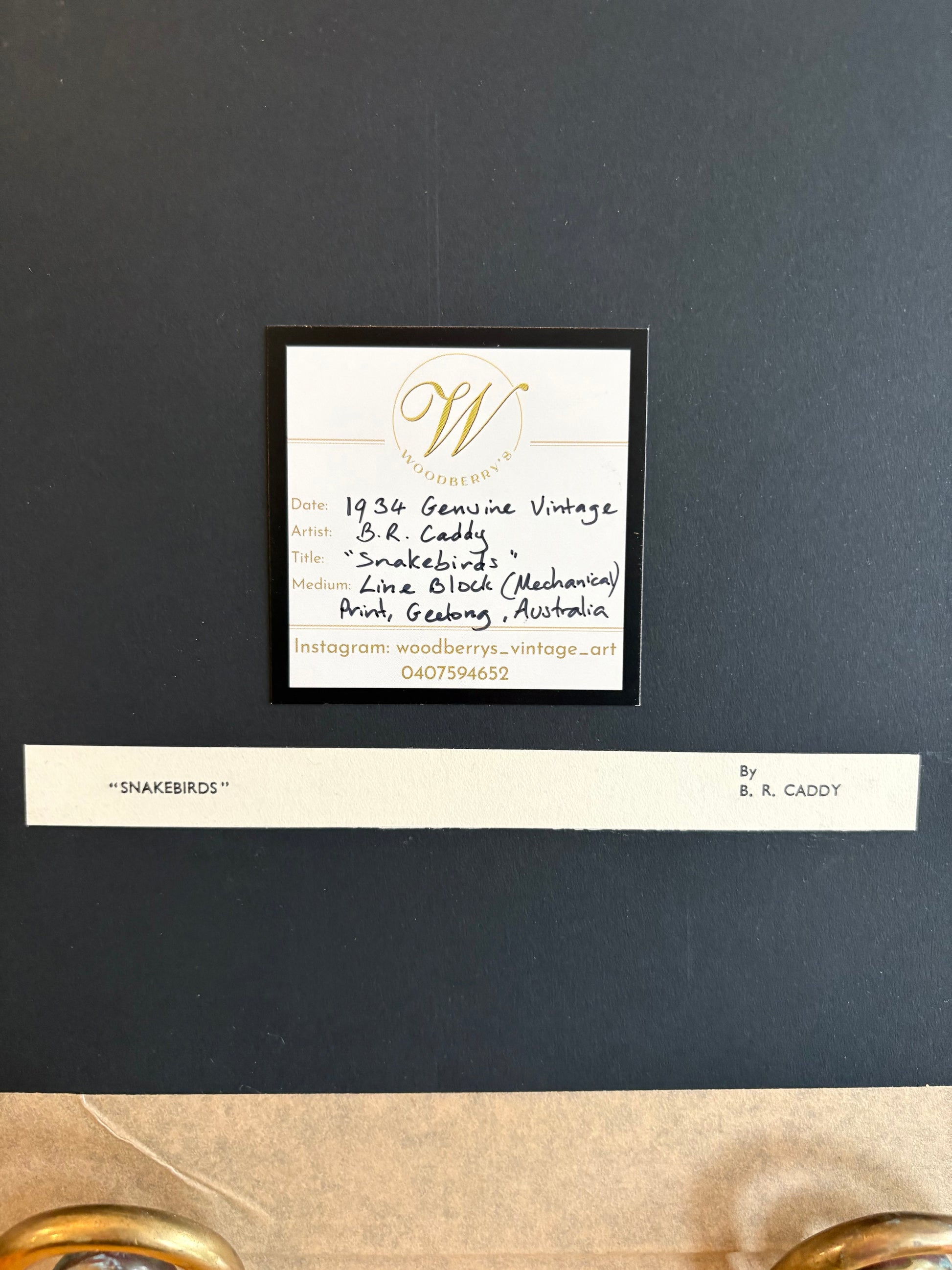 1934 Genuine vintage Betty Caddy bird print, "Snakebirds," Art Deco, cranes, framed wall art