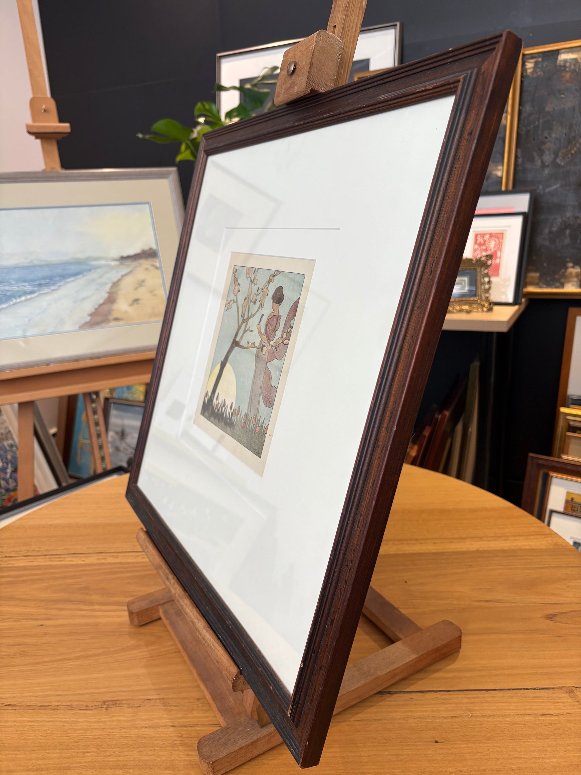 Rare original Art Deco woodblock print, 1911 antique, Maggie Salcedo, French framed art