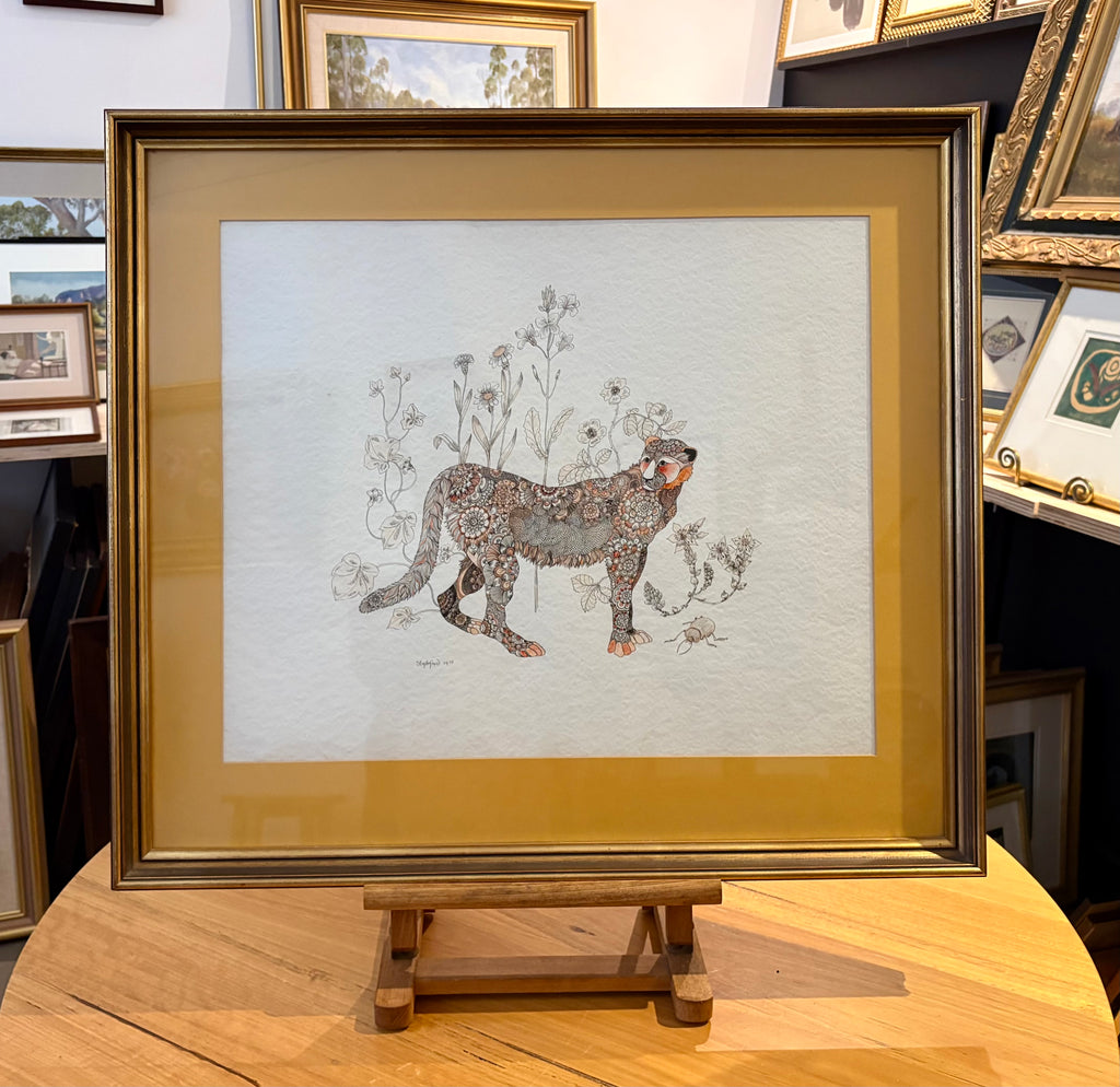 Original 1973 Jane Stapleford drawing with ink wash, fantasy, retro framed art