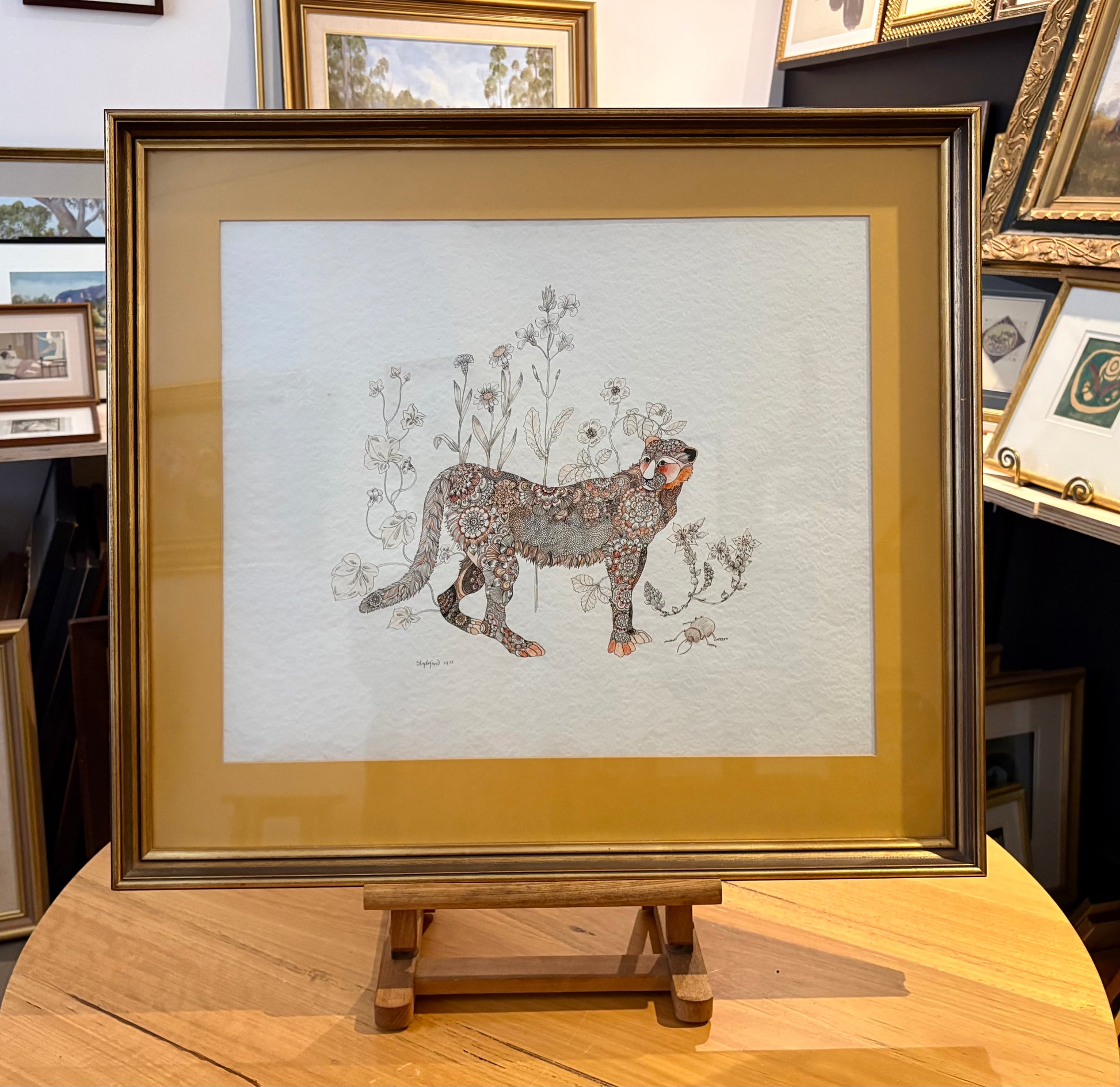 Original 1973 Jane Stapleford drawing with ink wash, fantasy, retro framed art