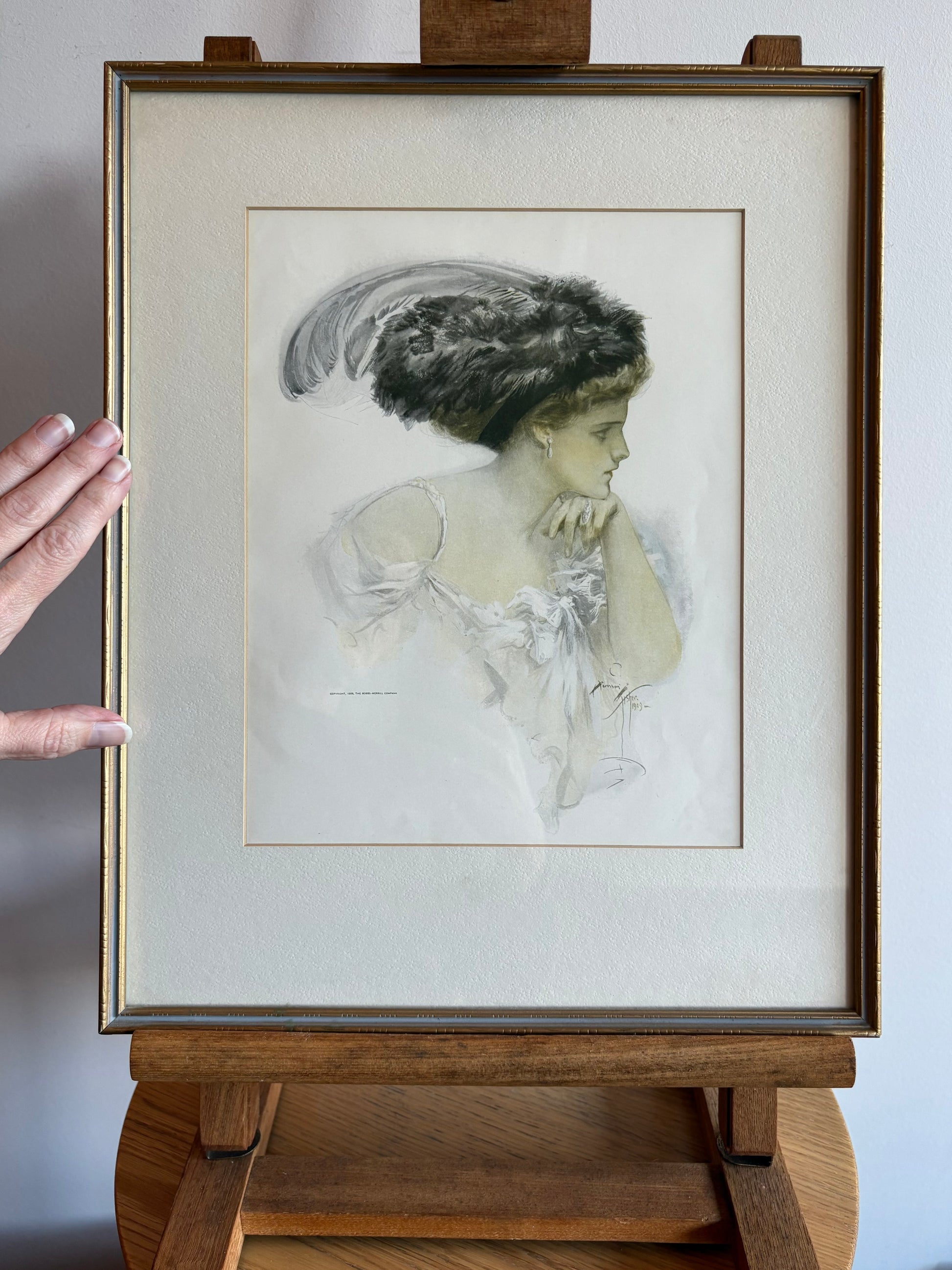 1909 Antique Harrison Fisher print, Bobbs-Merrill, framed vintage art, woman with feathered hat