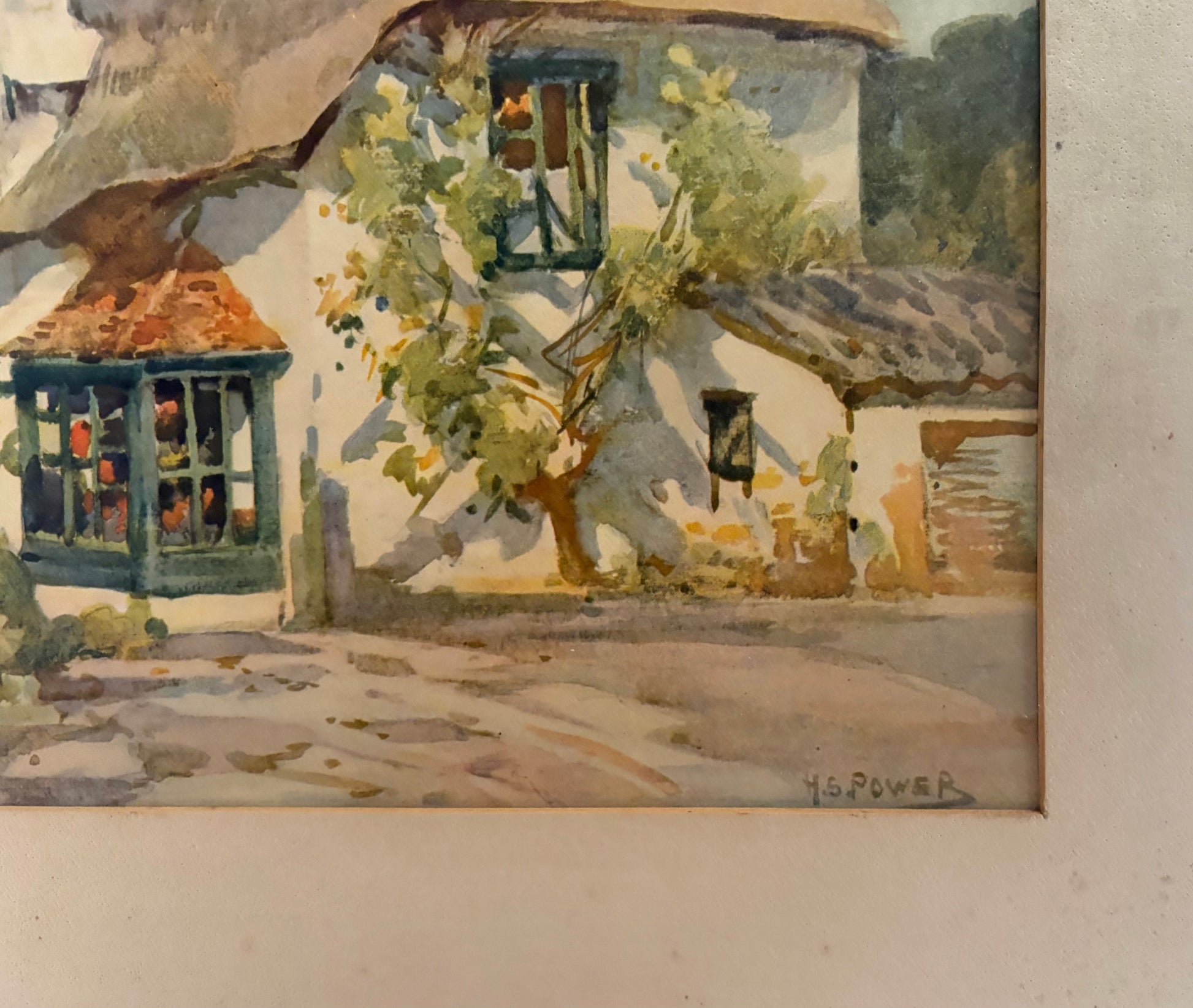 Mid Century print, cottage, Harold Power, gilt frame