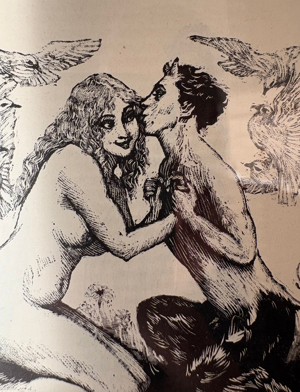 Original 1920’s Norman Lindsay wood engraving, Faun, framed antique art