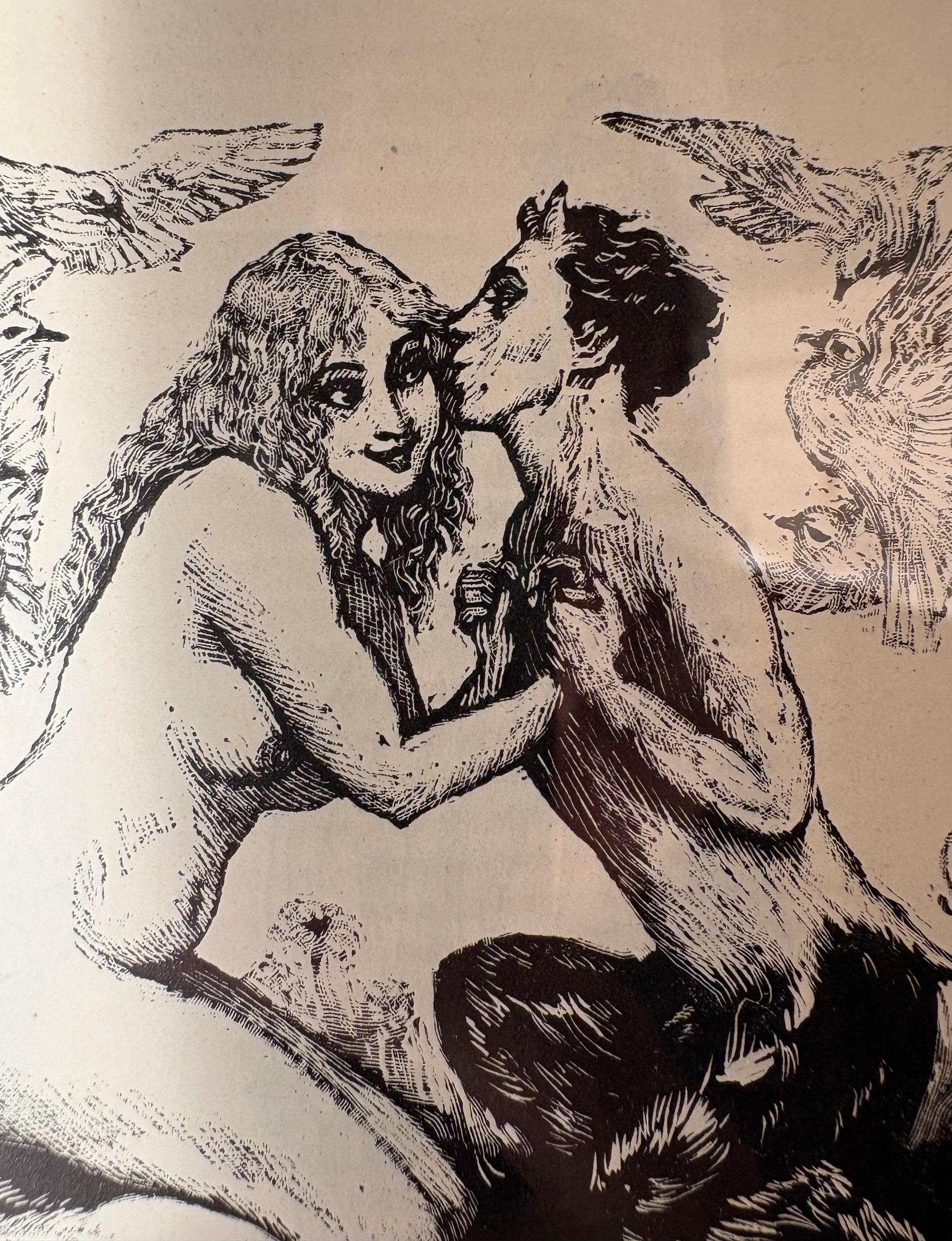 Original 1920’s Norman Lindsay wood engraving, Faun, framed antique art