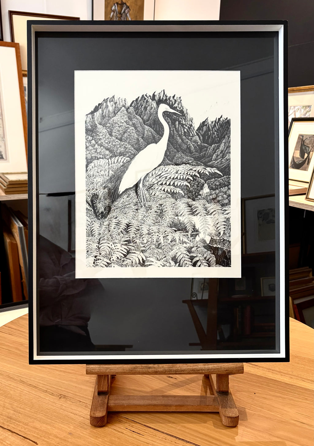 1970s Rei Hamon lithographic print, bird, New Zealand, framed vintage art