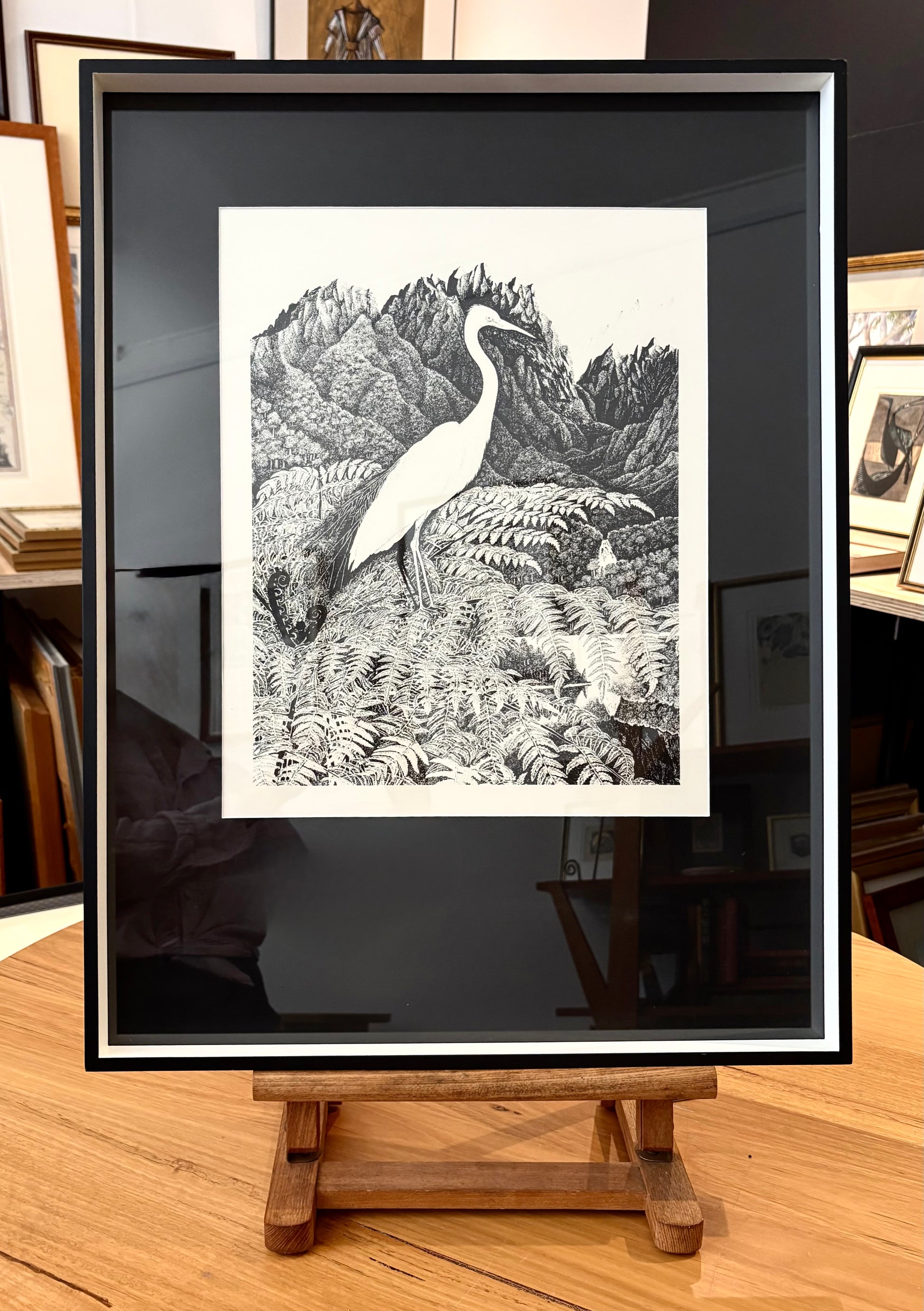1970s Rei Hamon lithographic print, bird, New Zealand, framed vintage art