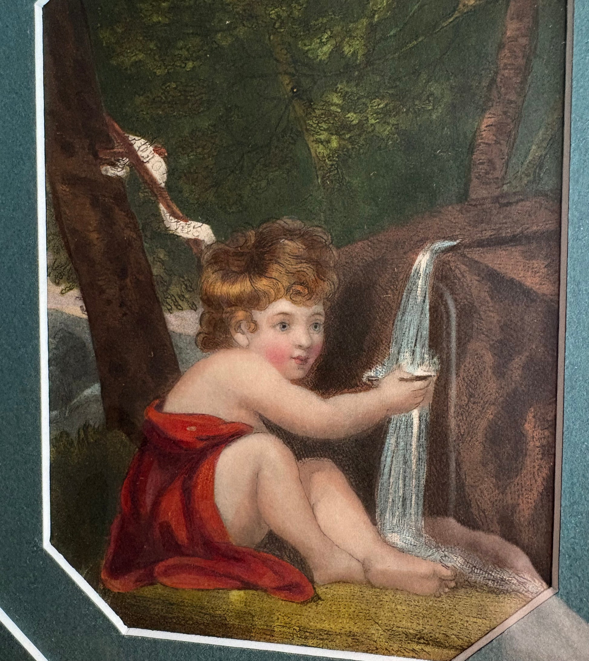1830s genuine Baroque antique lithographic print, cherub, framed art