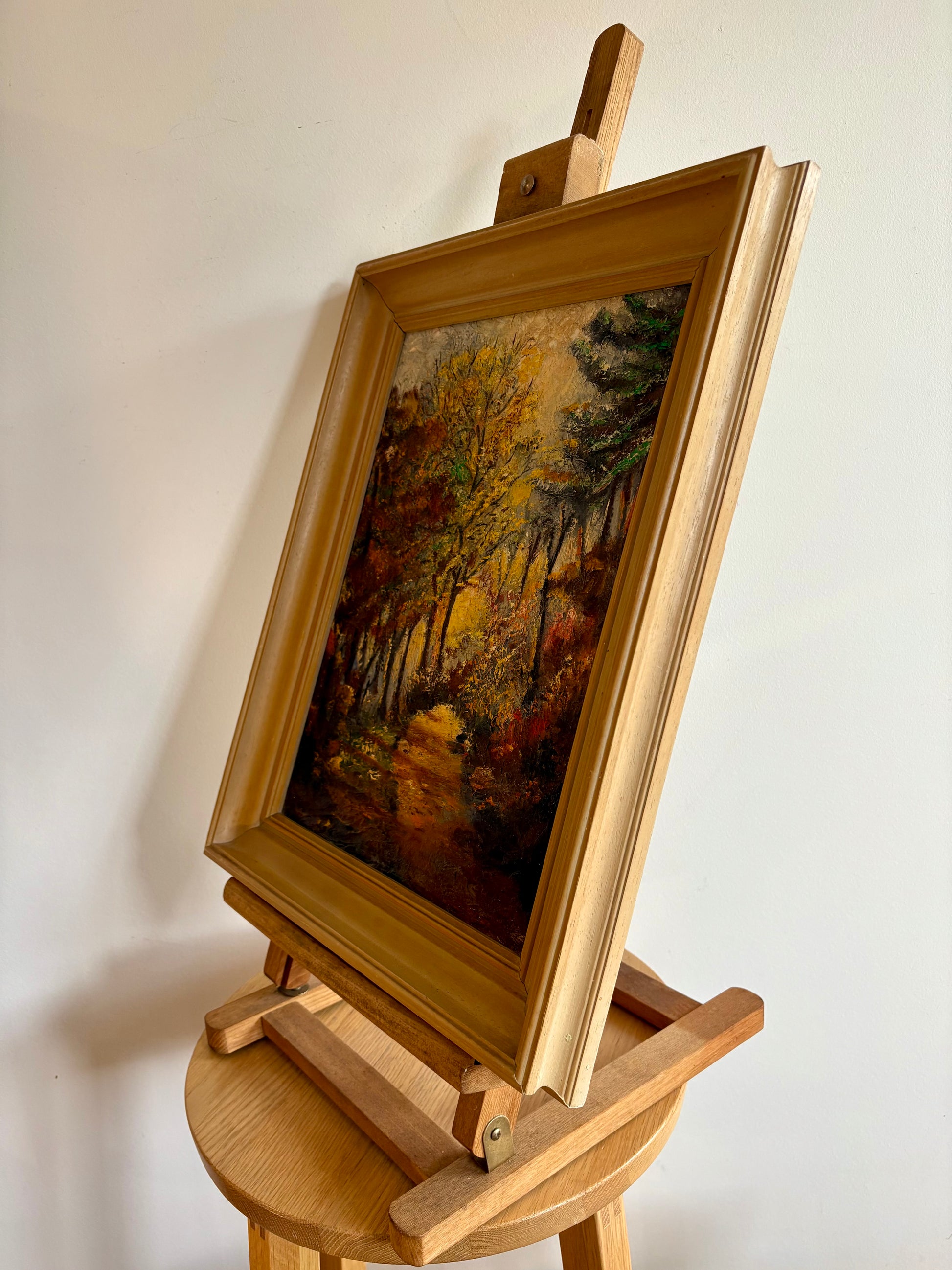 Mid Century original oil painting, Autumn Path, vintage framed art