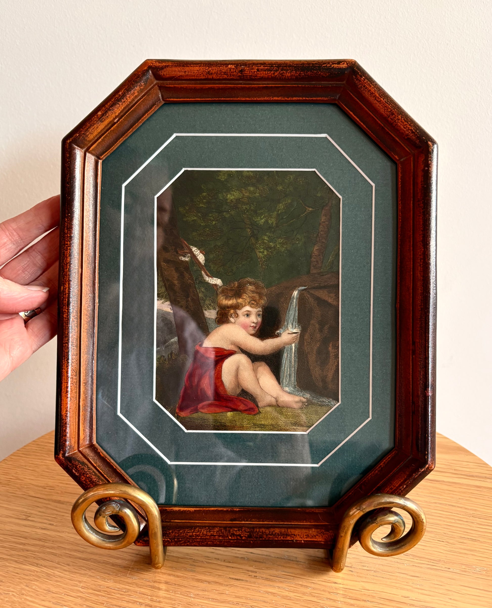 1830s genuine Baroque antique lithographic print, cherub, framed art