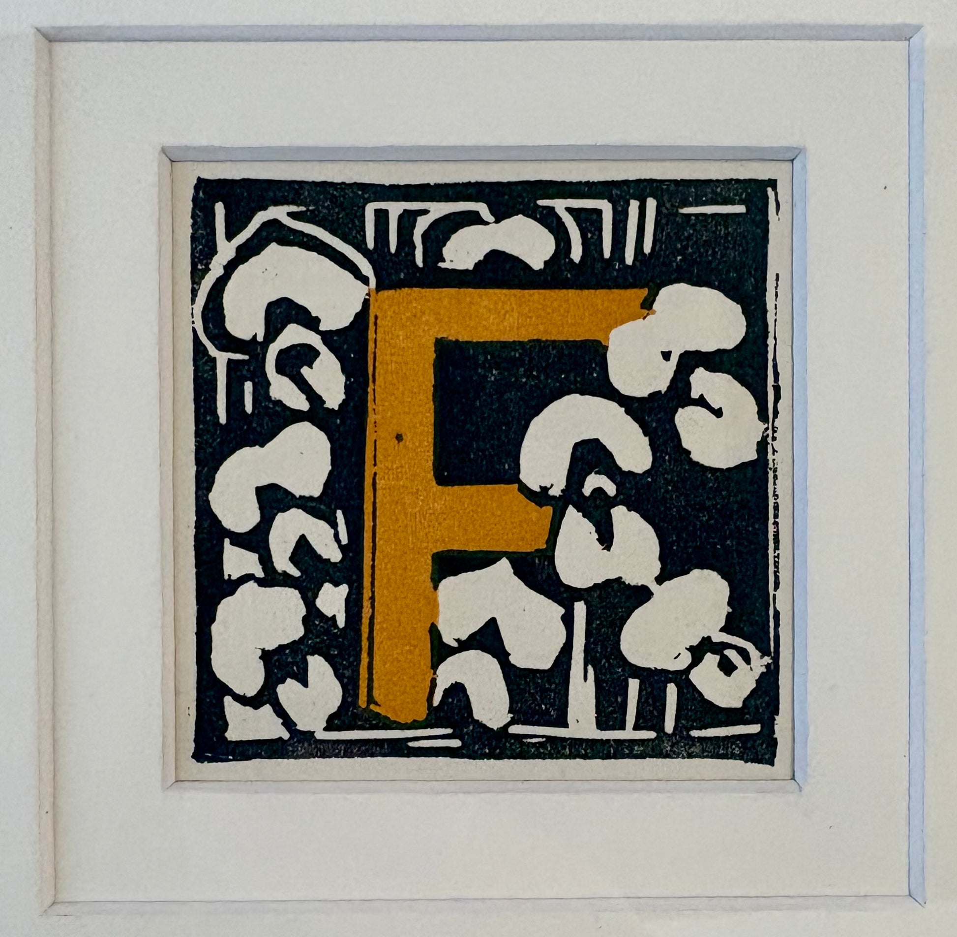 1920s Original Margaret Preston woodblock print, “Letter F”, antique framed art