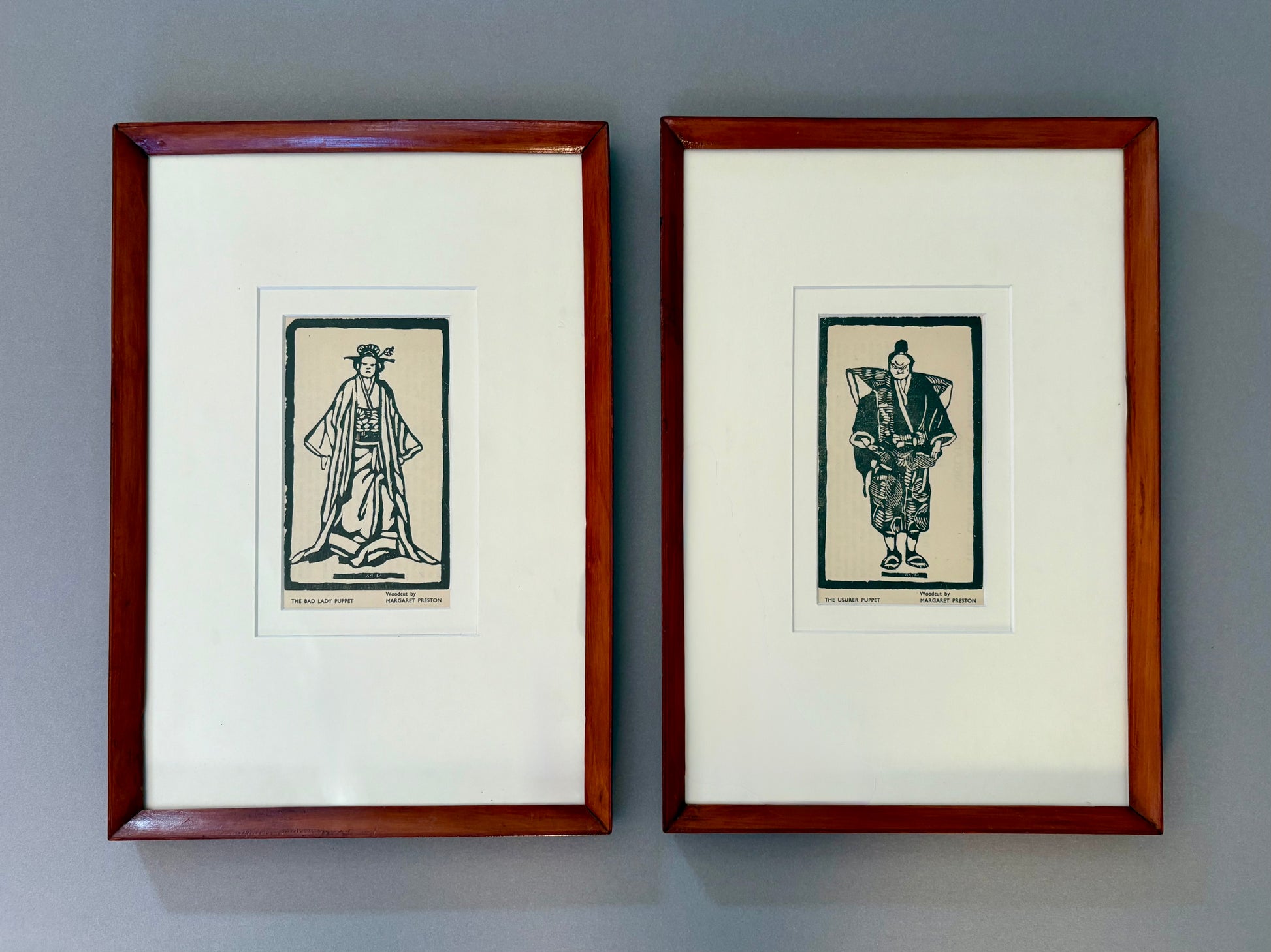 Original pair 1930s Margaret Preston woodblock prints, Japanese Puppets, rare antique framed art