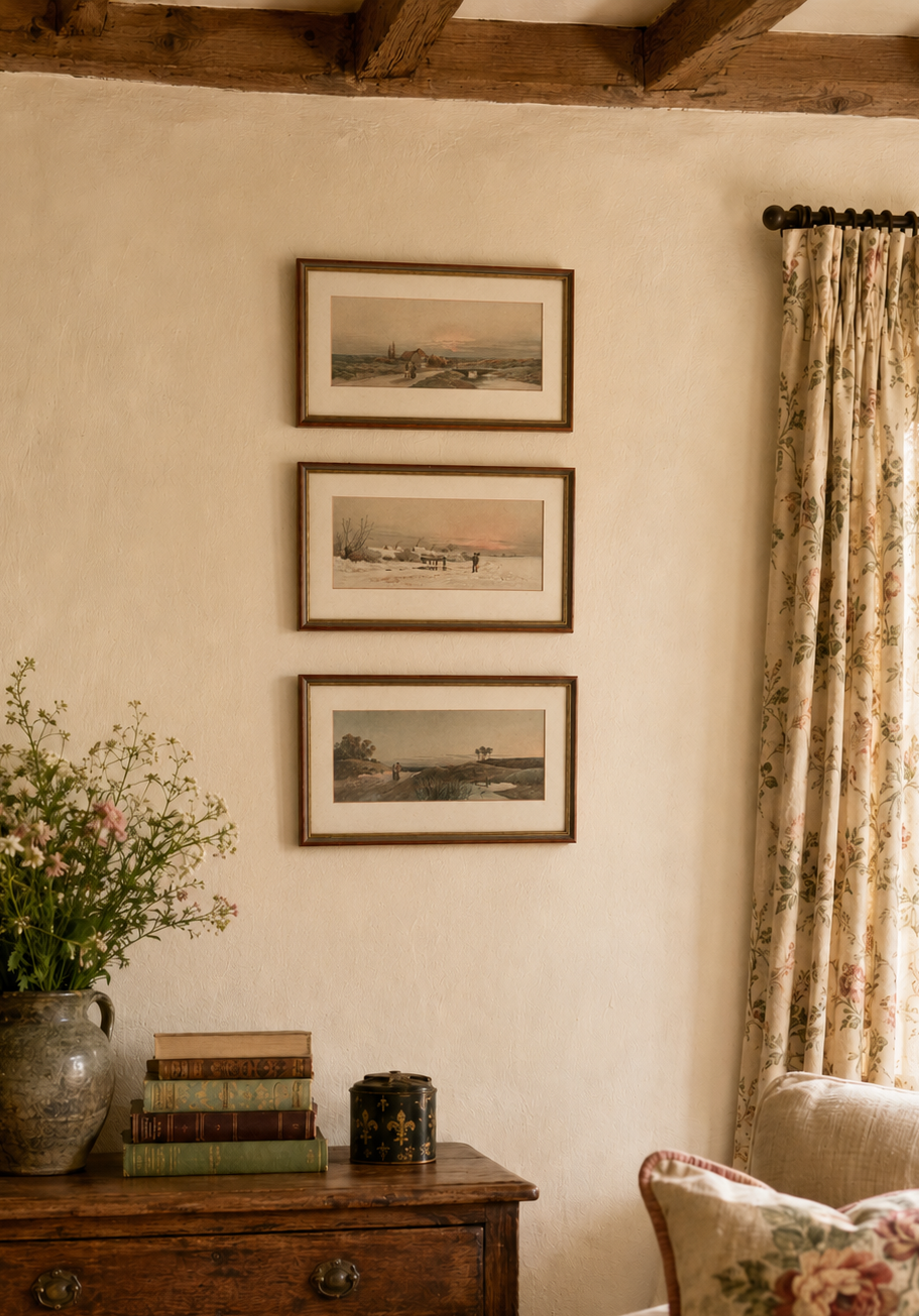 Trio of vintage British landscape chronographic prints, framed artworks