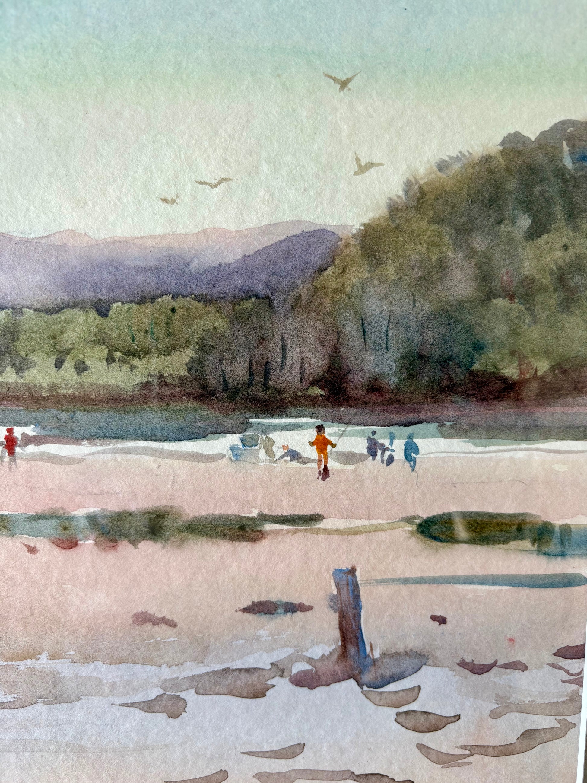 Mid Century original watercolour painting, Dermont Hellier, Australian beach, framed art