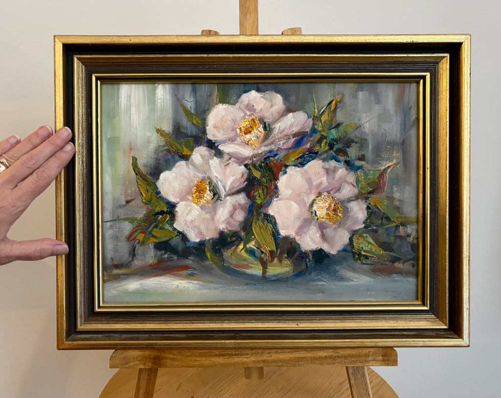 Vintage original painting, camelia flowers, signed framed artwork