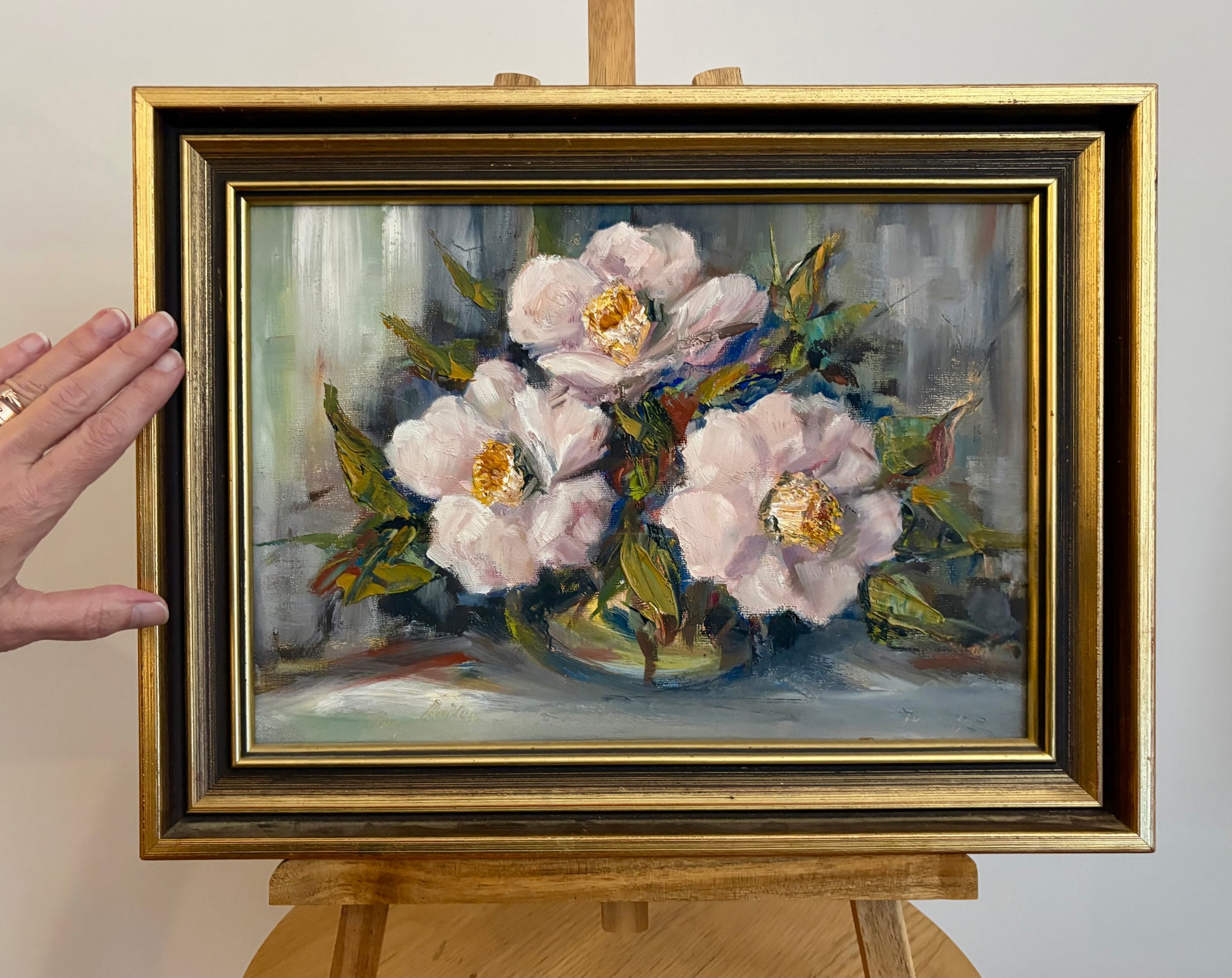 Vintage original painting, camelia flowers, signed framed artwork