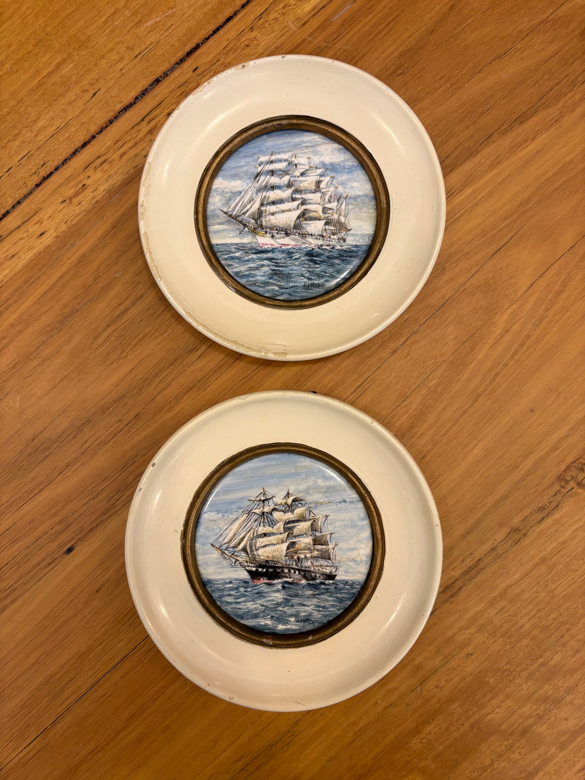 Pair of original hand painted ceramic ship artworks, signed, framed, vintage