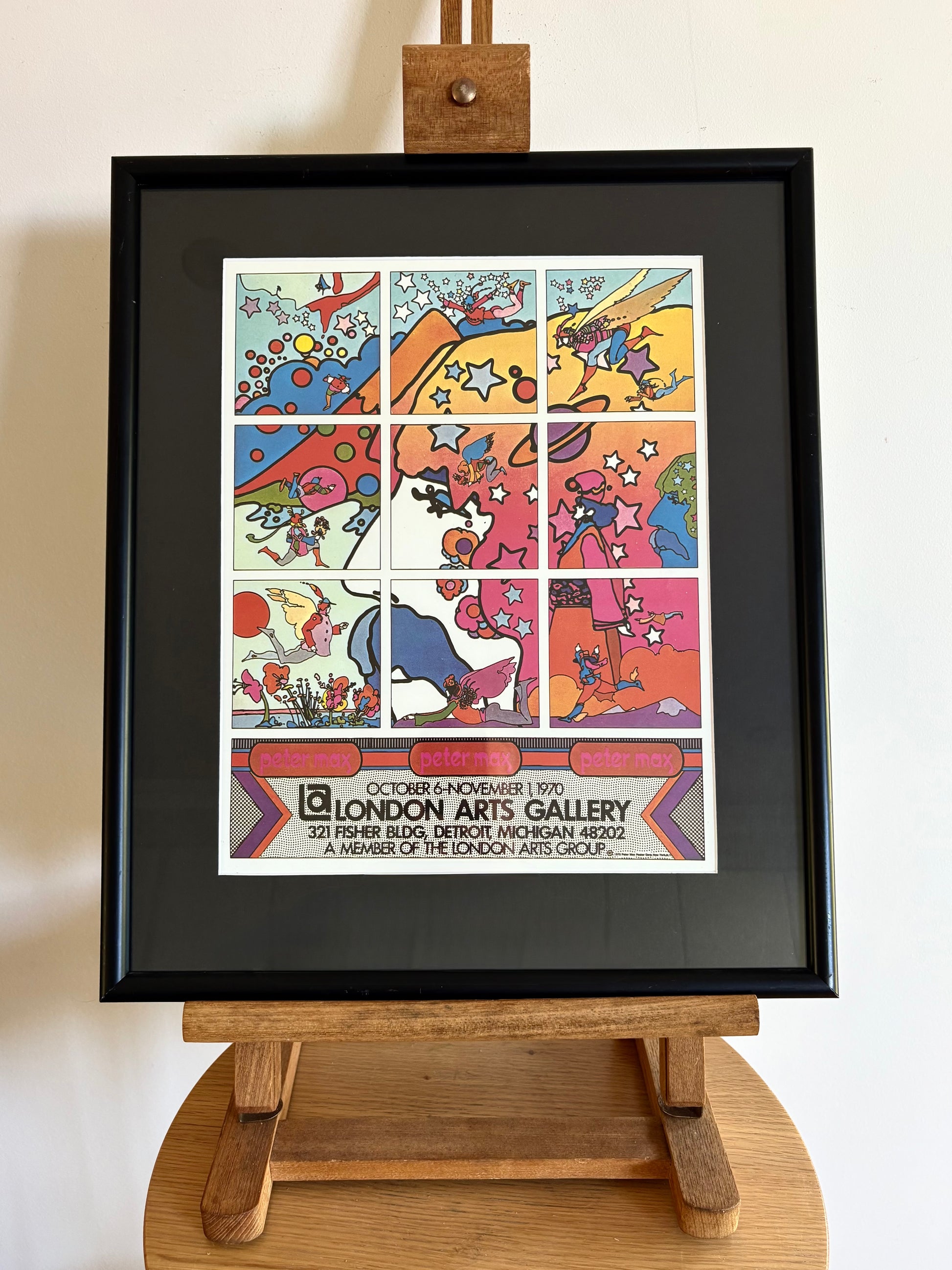 1970s vintage Peter Max print, London Arts poster, psychedelic, framed art