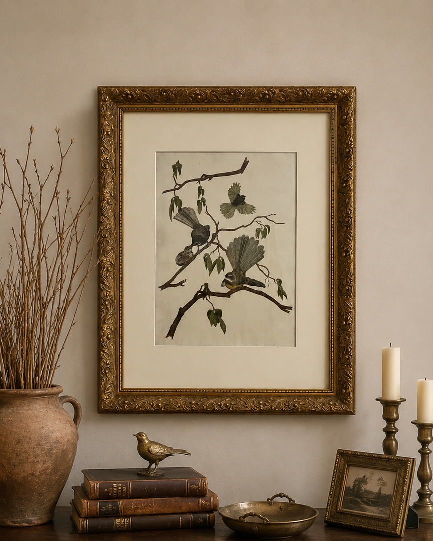 Original hand-coloured etching, Angus Fisher, Fantails, gilt framed art