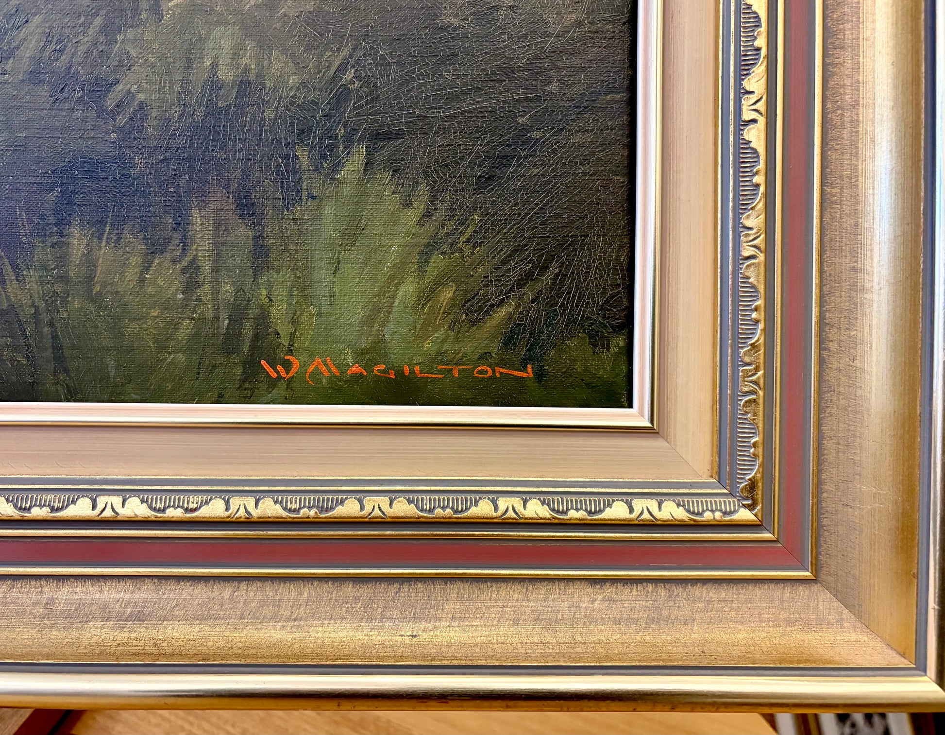 Large original oil painting on linen, Walter Magilton, “Sheepyard Flat”, vintage framed art