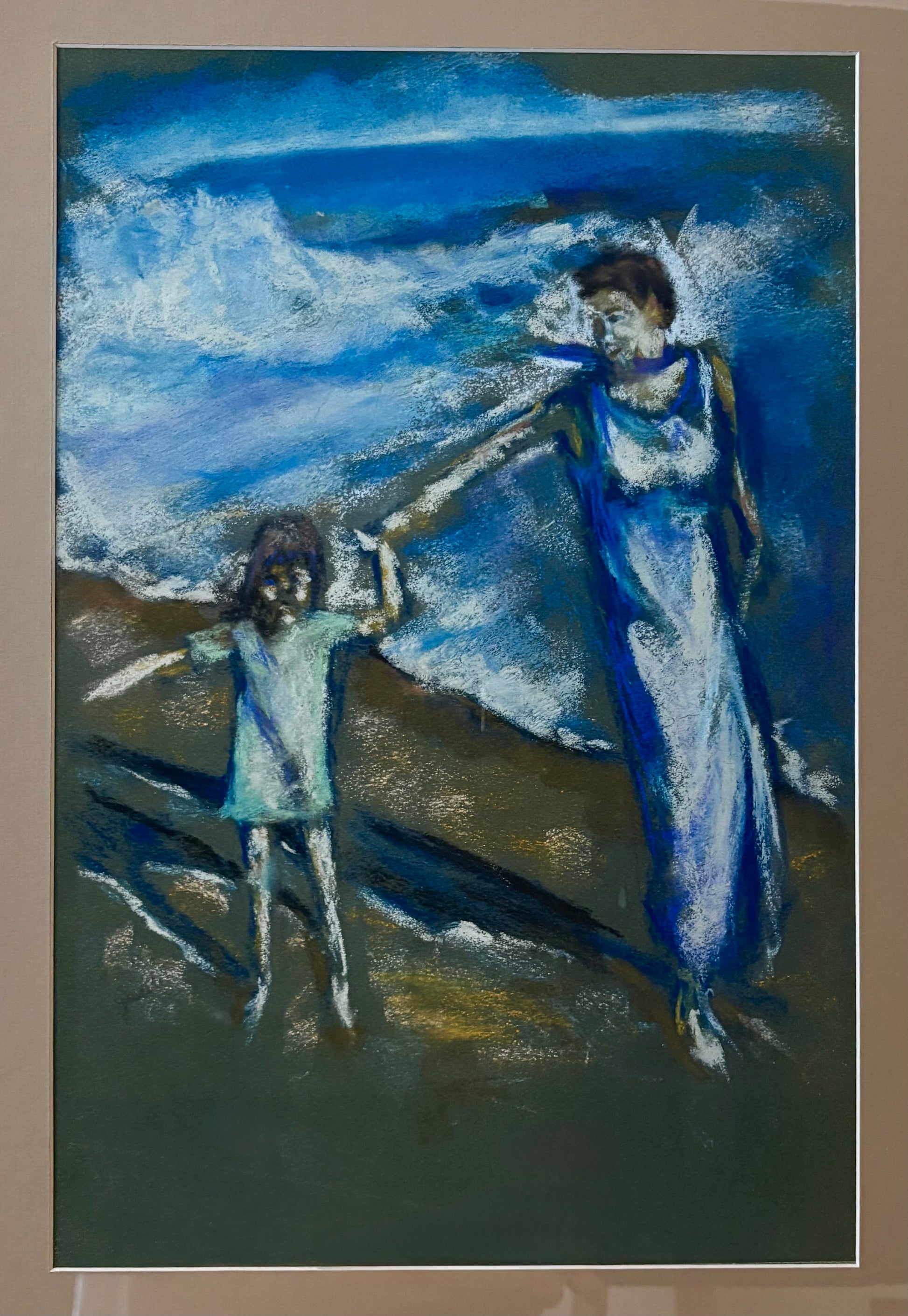 Large original Impressionist pastel drawing, vintage framed art