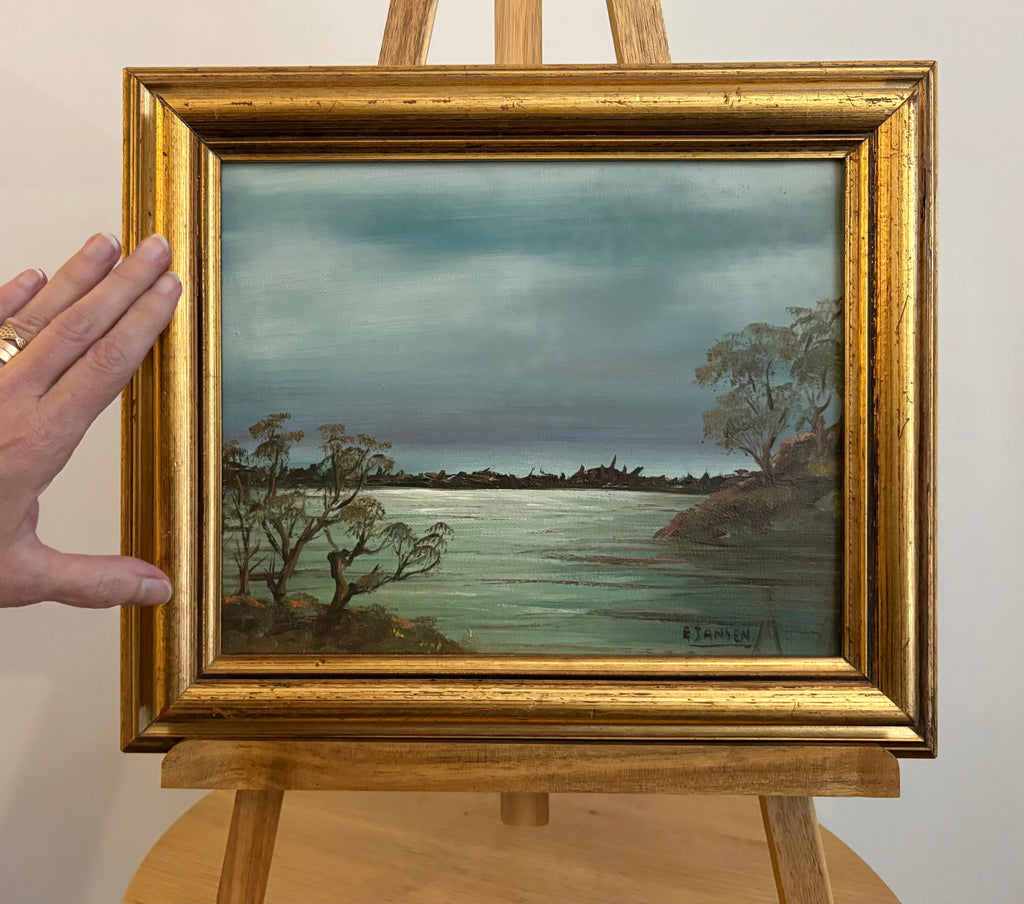 Original Australian landscape painting, vintage framed art, moonlight