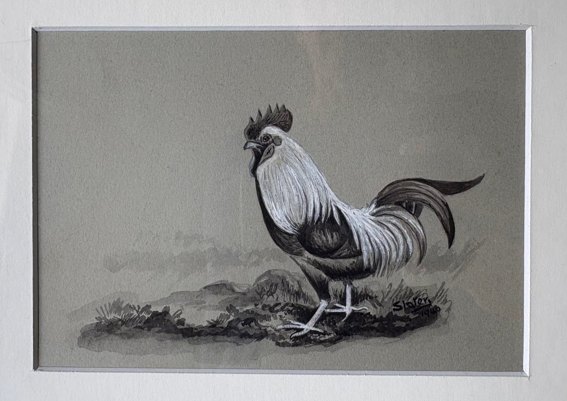 1940 original painting, Rooster, framed vintage art