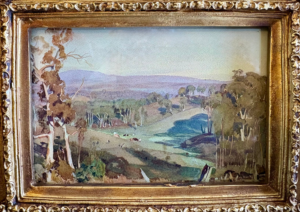 1920 antique print, Hans Heyson, Australian landscape miniature, gilt frame