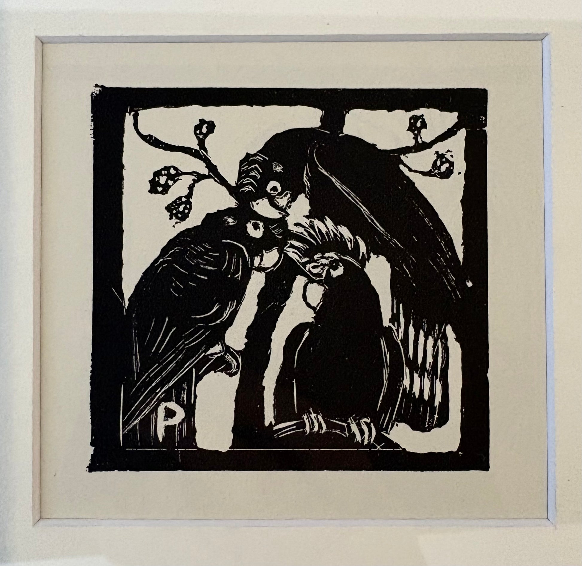 1920s Original Margaret Preston woodblock print, “Cockatoos”, antique framed art