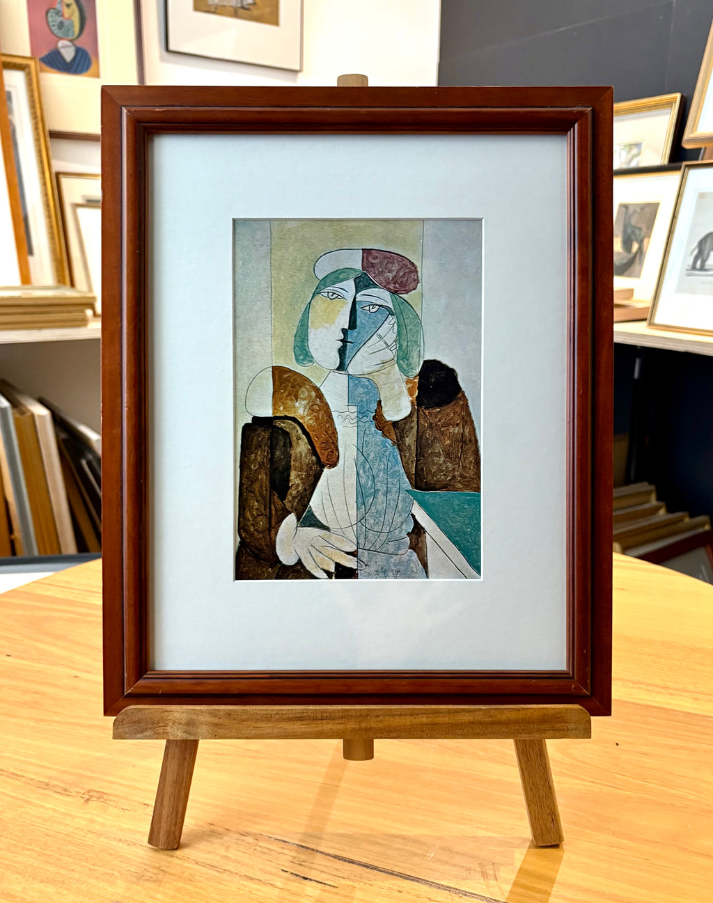 1960s Picasso print, portrait, vintage framed art, “Woman with Red Beret” Mid Century