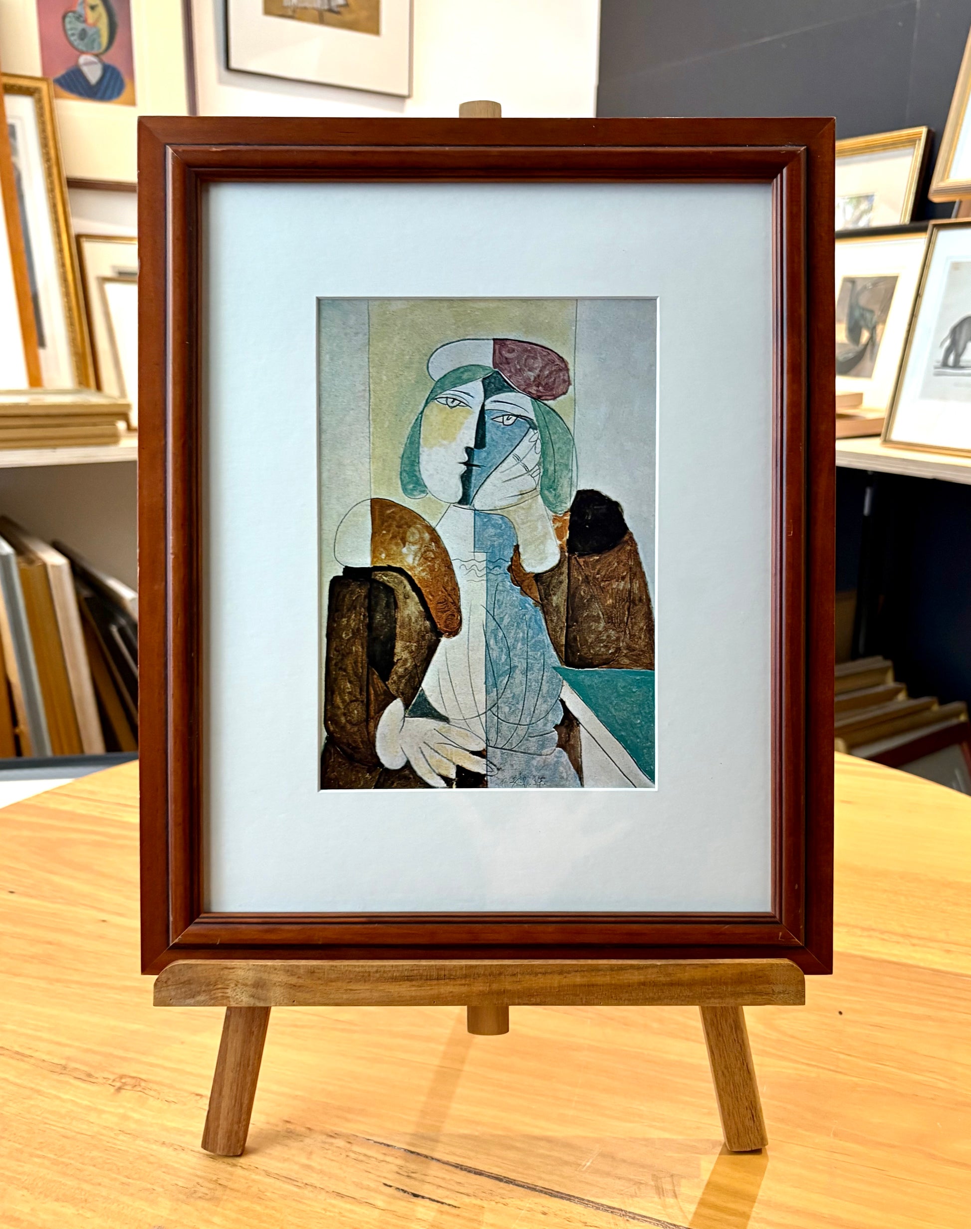 1960s Picasso print, portrait, vintage framed art, “Woman with Red Beret” Mid Century