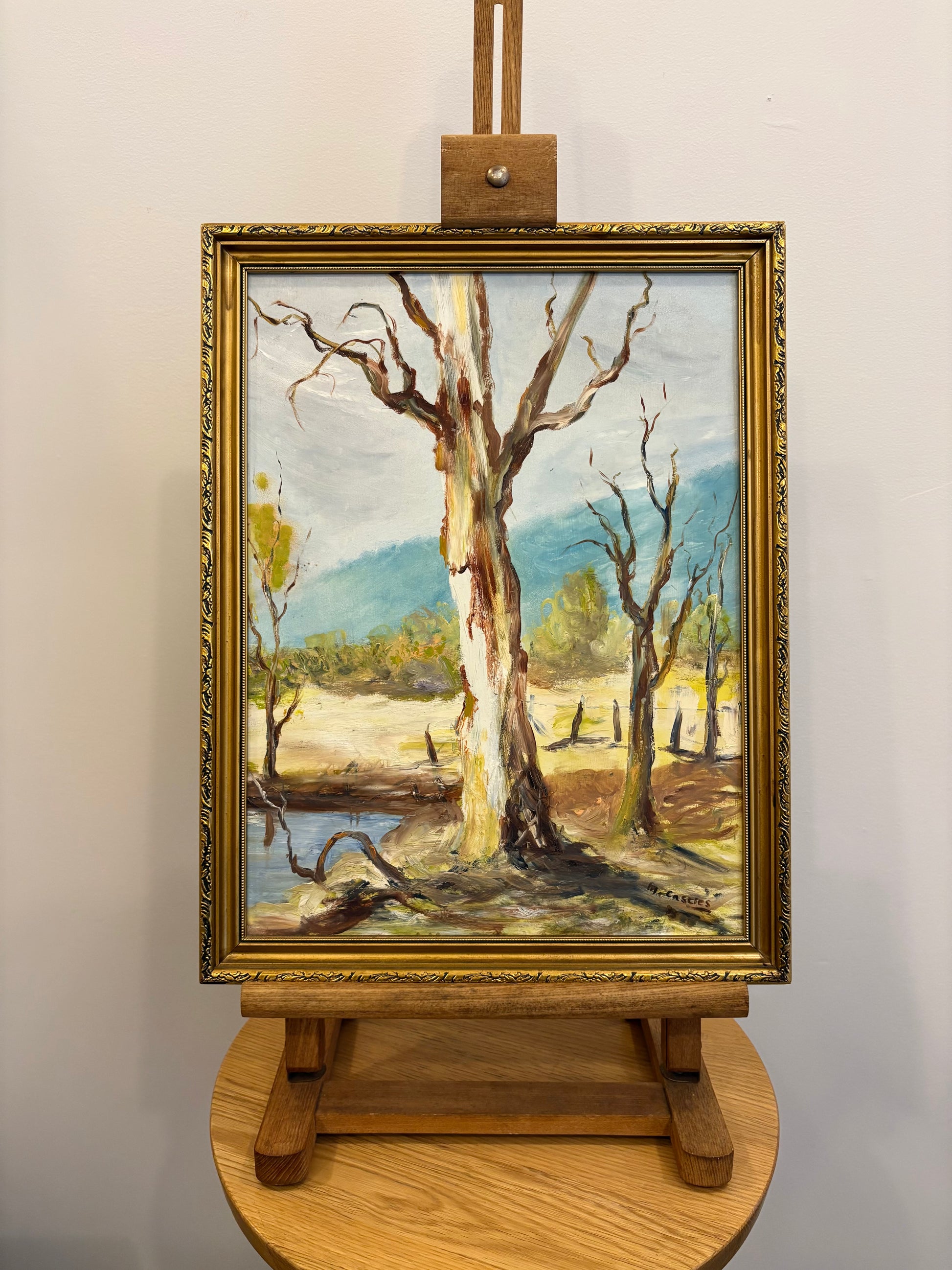 Mid Century original oil painting, River Gums, Australian landscape artwork