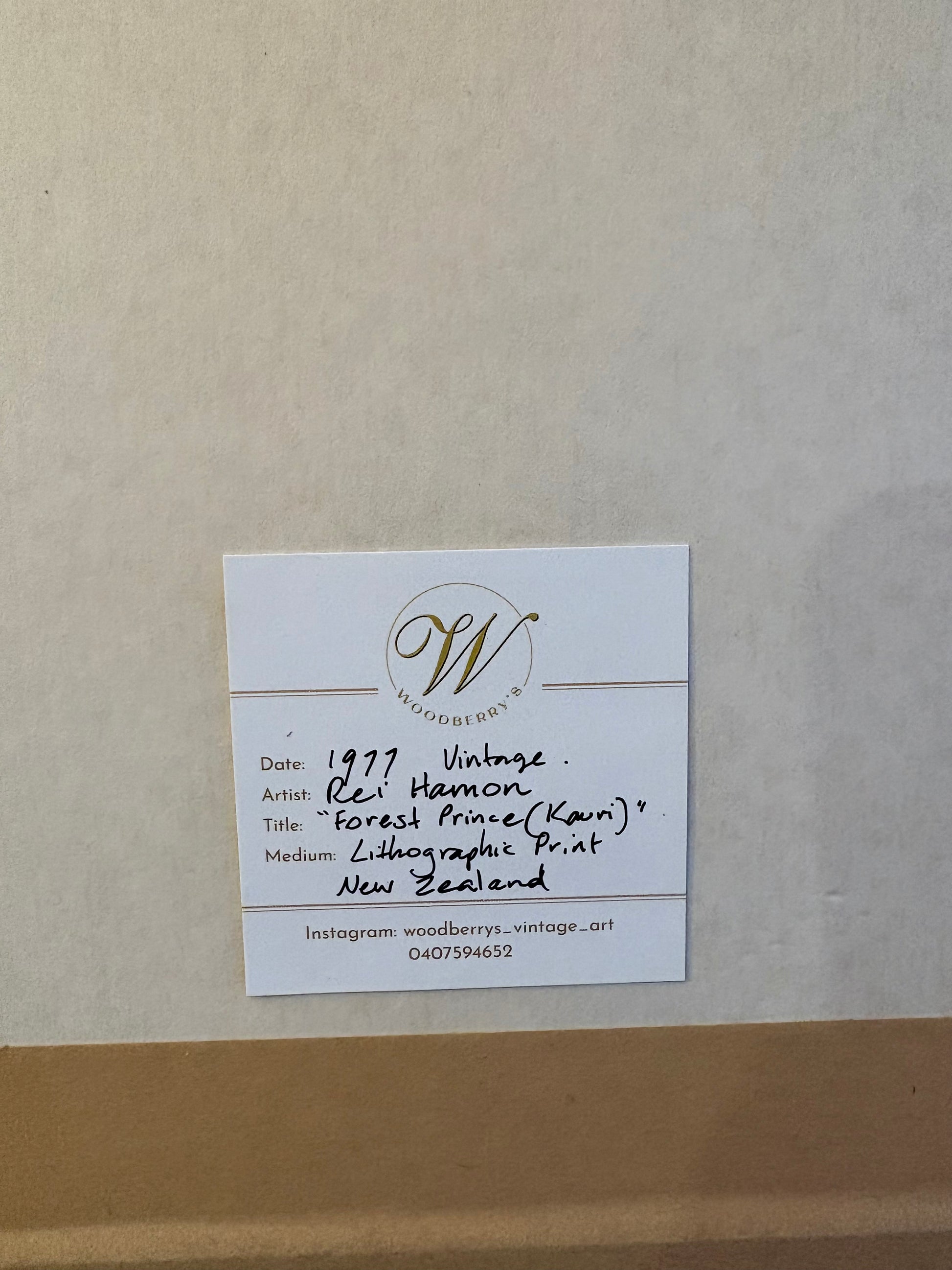 1977 Rei Hamon lithographic print, "Forest Prince (Kauri)", New Zealand, framed art