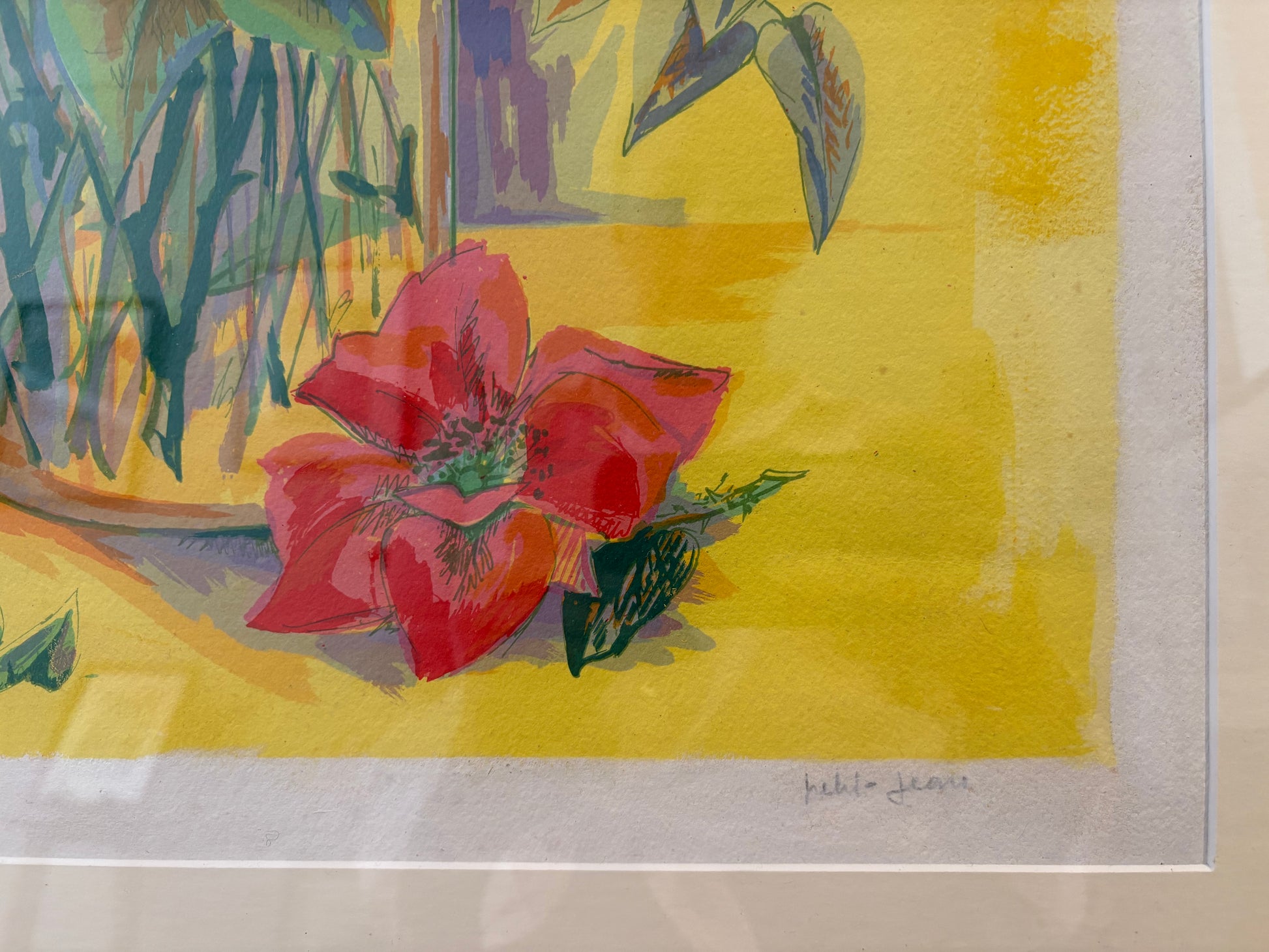 Large limited edition lithographic print, signed, floral bouquet, vintage