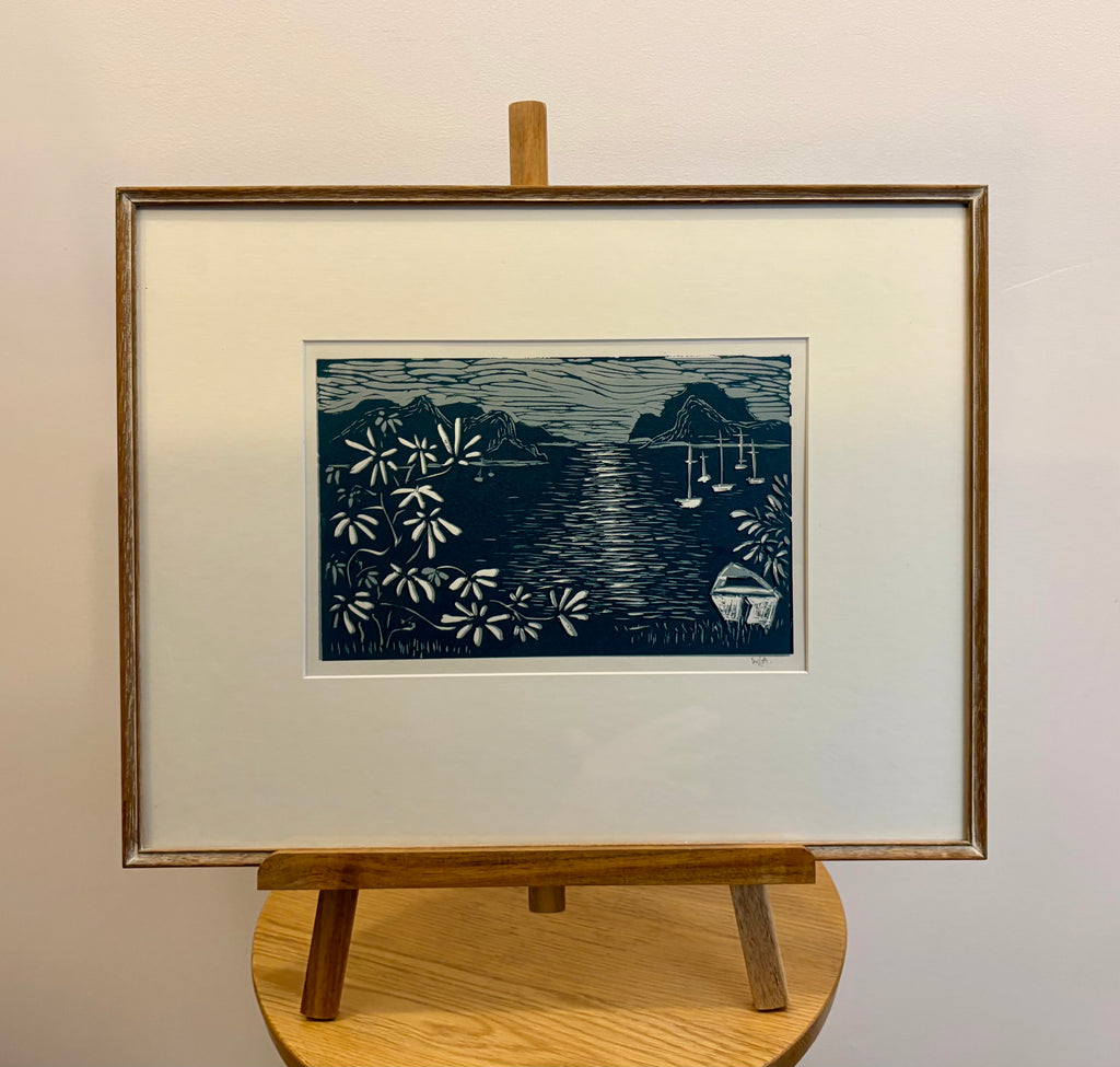 Vintage original linocut print, coastal scene, boats, signed framed art