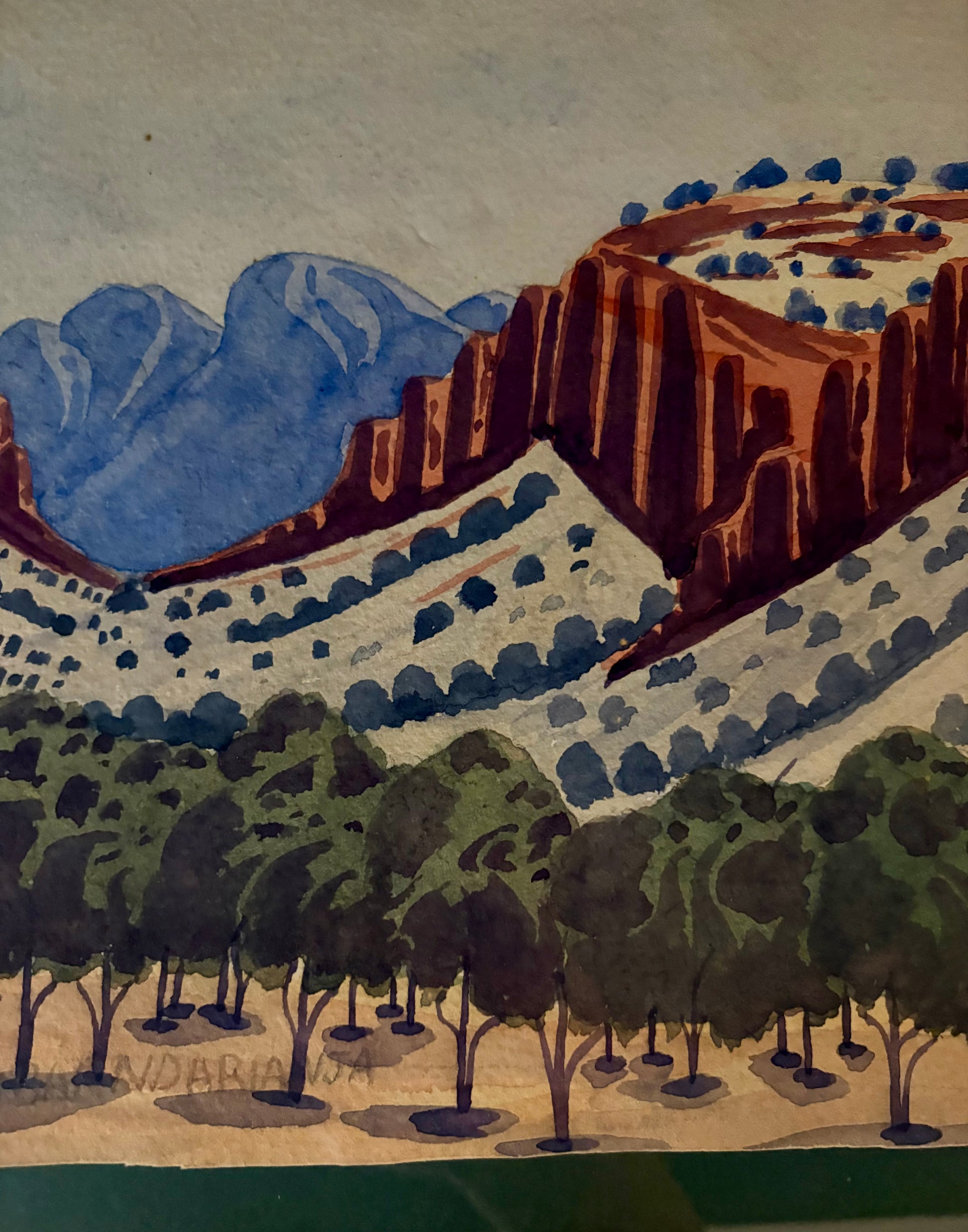 Original 1950s Hermannsberg watercolour painting, Central Australia. Framed mid century landscape