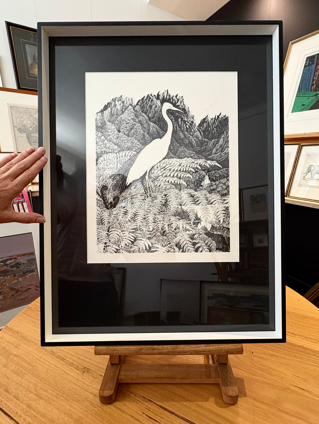 1970s Rei Hamon lithographic print, bird, New Zealand, framed vintage art