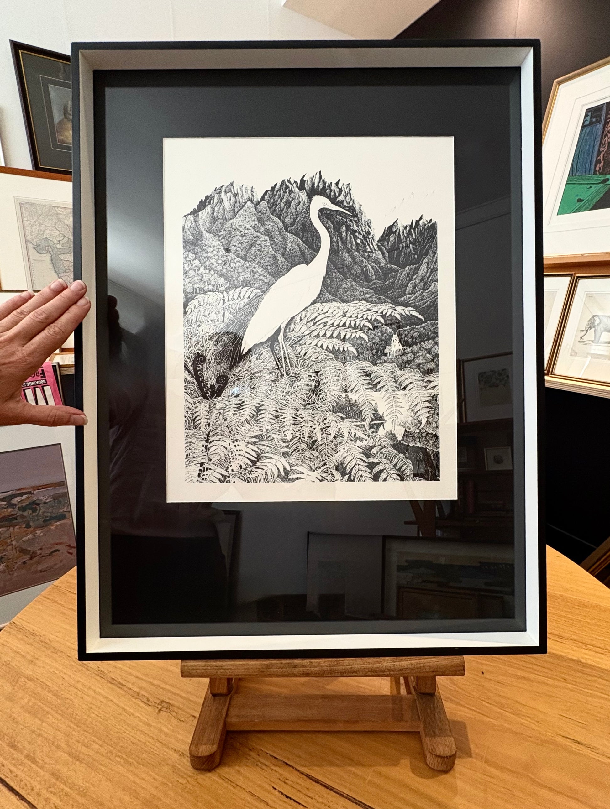 1970s Rei Hamon lithographic print, bird, New Zealand, framed vintage art