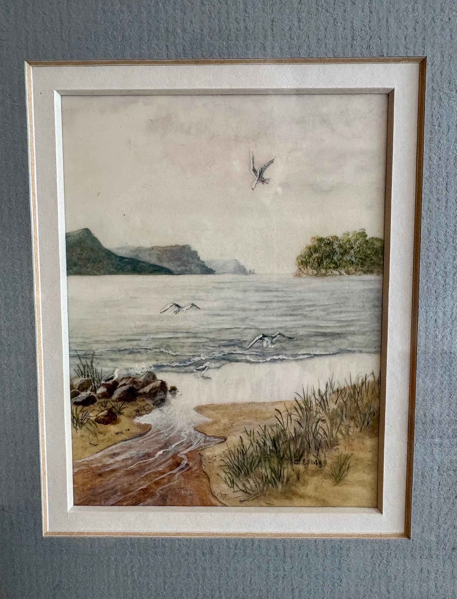 Original Jim Stagg miniature painting, seaside with seagulls, Surrealism, vintage framed art