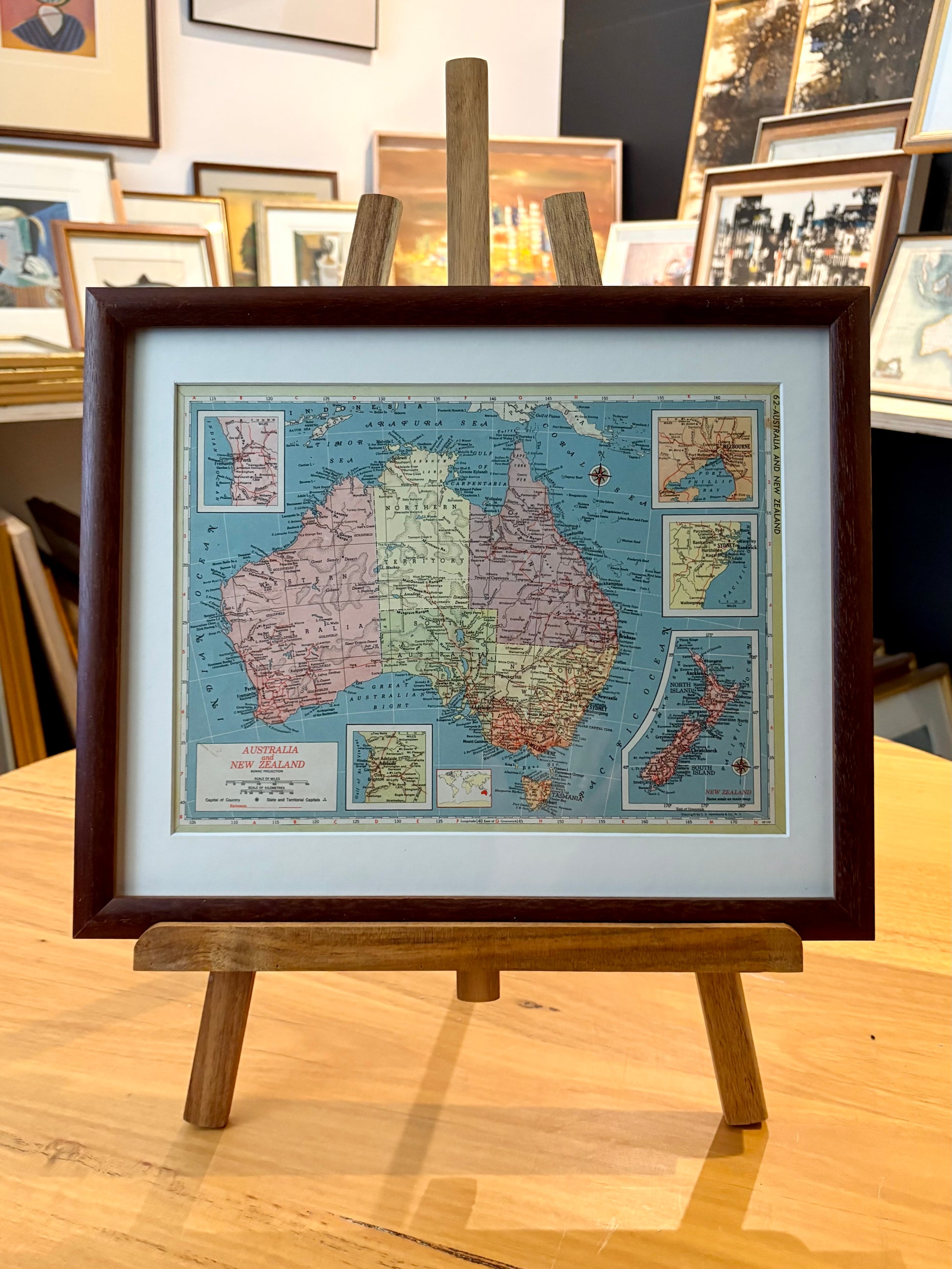 1950s vintage mid century framed map of Australia