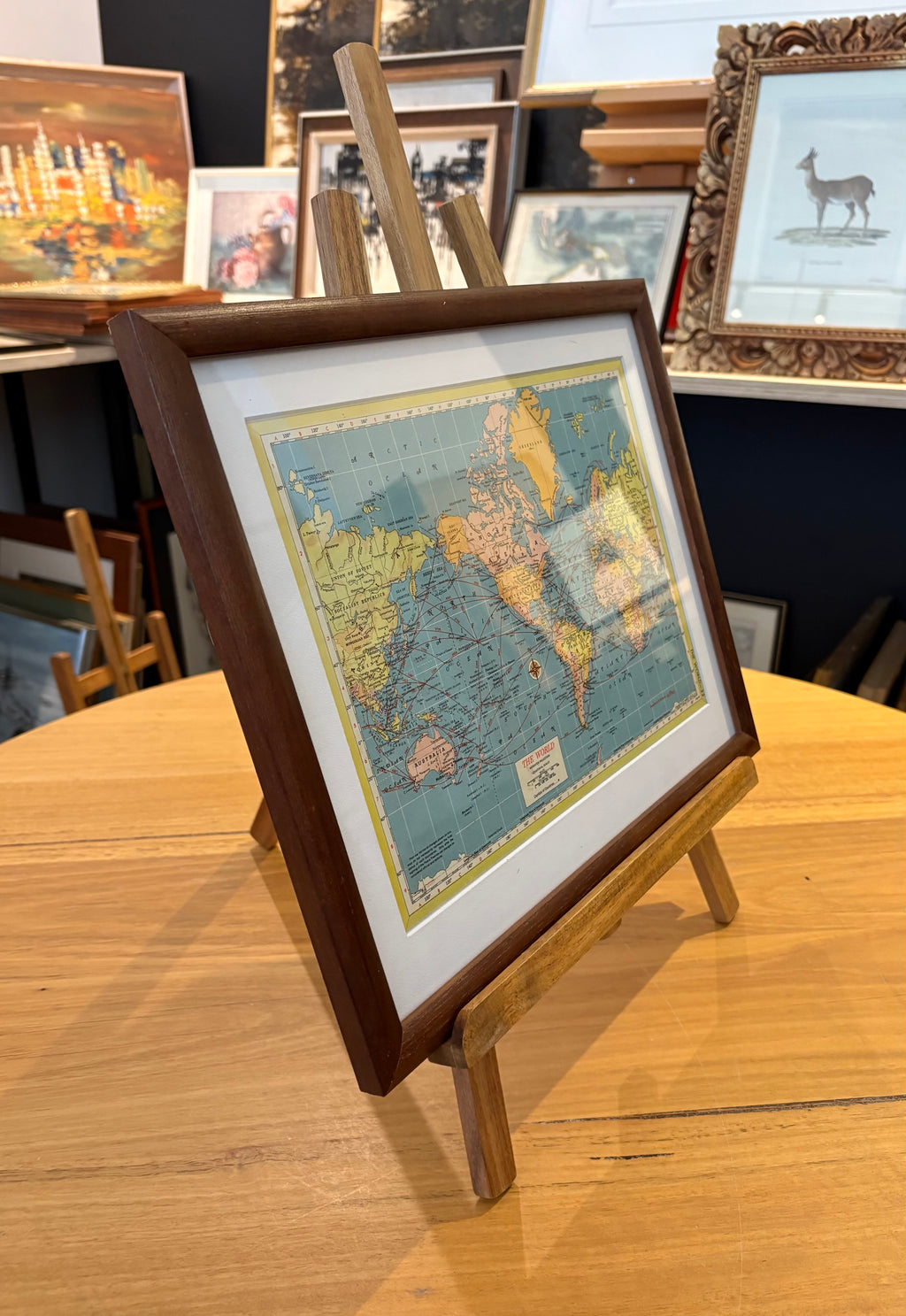 1950s vintage mid century framed map of The World