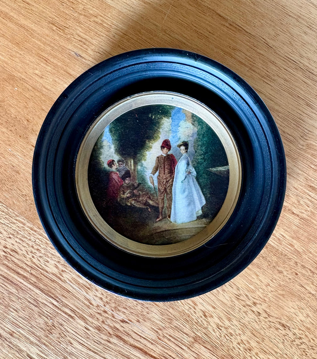 Vintage miniature print, Fountain, round framed artwork