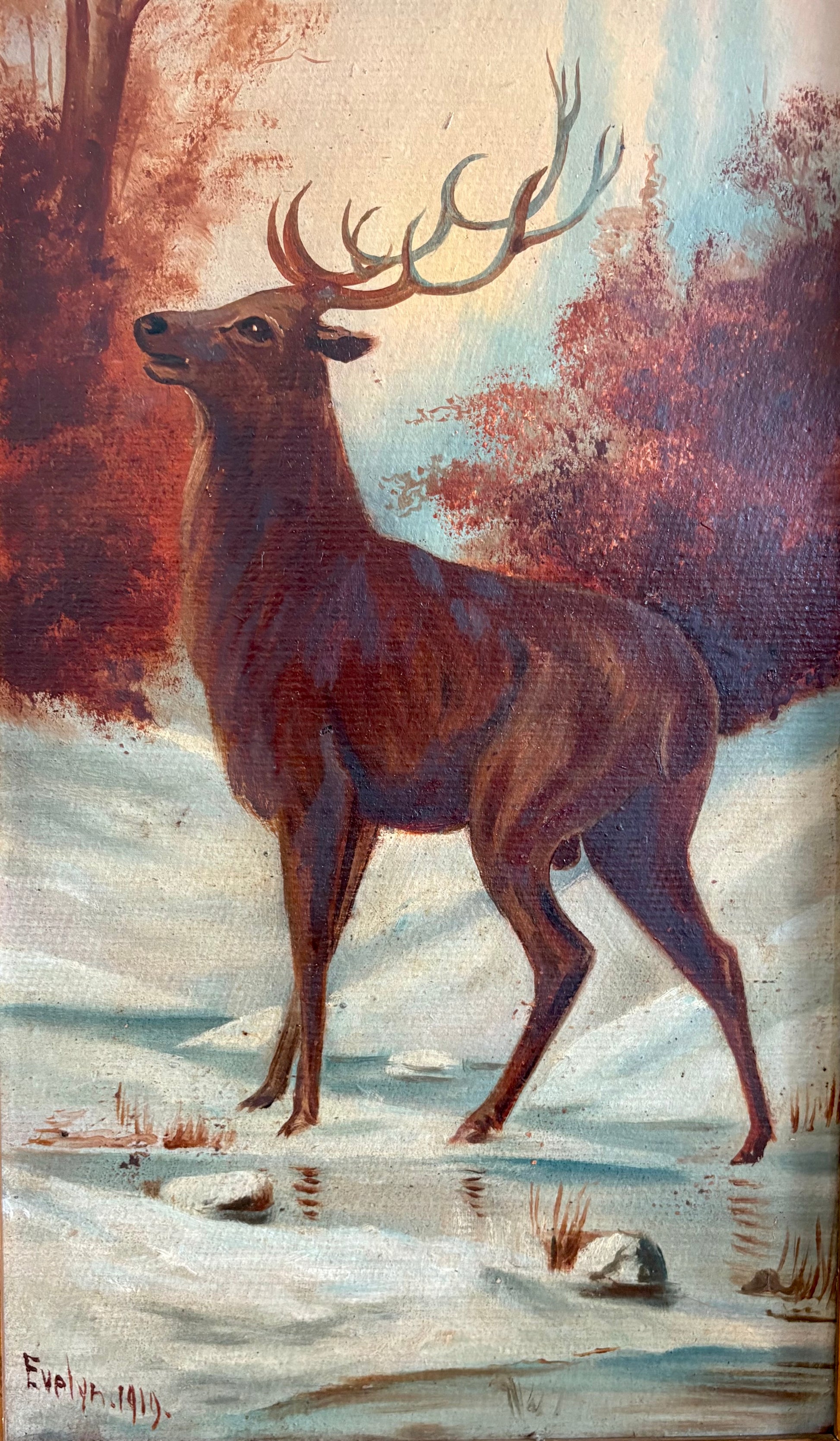 Large pair of original antique 1919 Stag oil paintings, deer, framed art