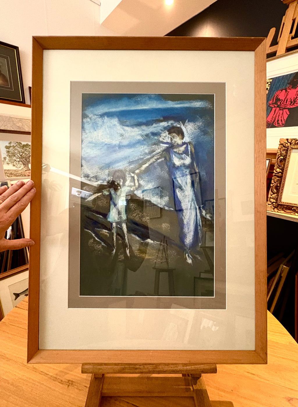 Large original Impressionist pastel drawing, vintage framed art