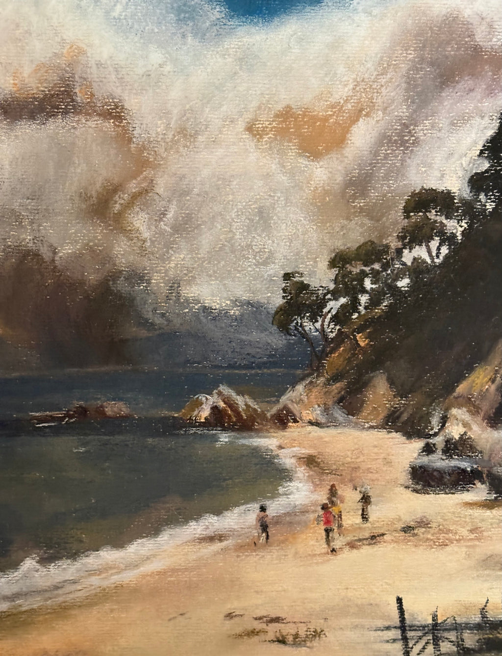 Original pastel drawing, Eden coast, bush fire, framed vintage Australian landscape artwork