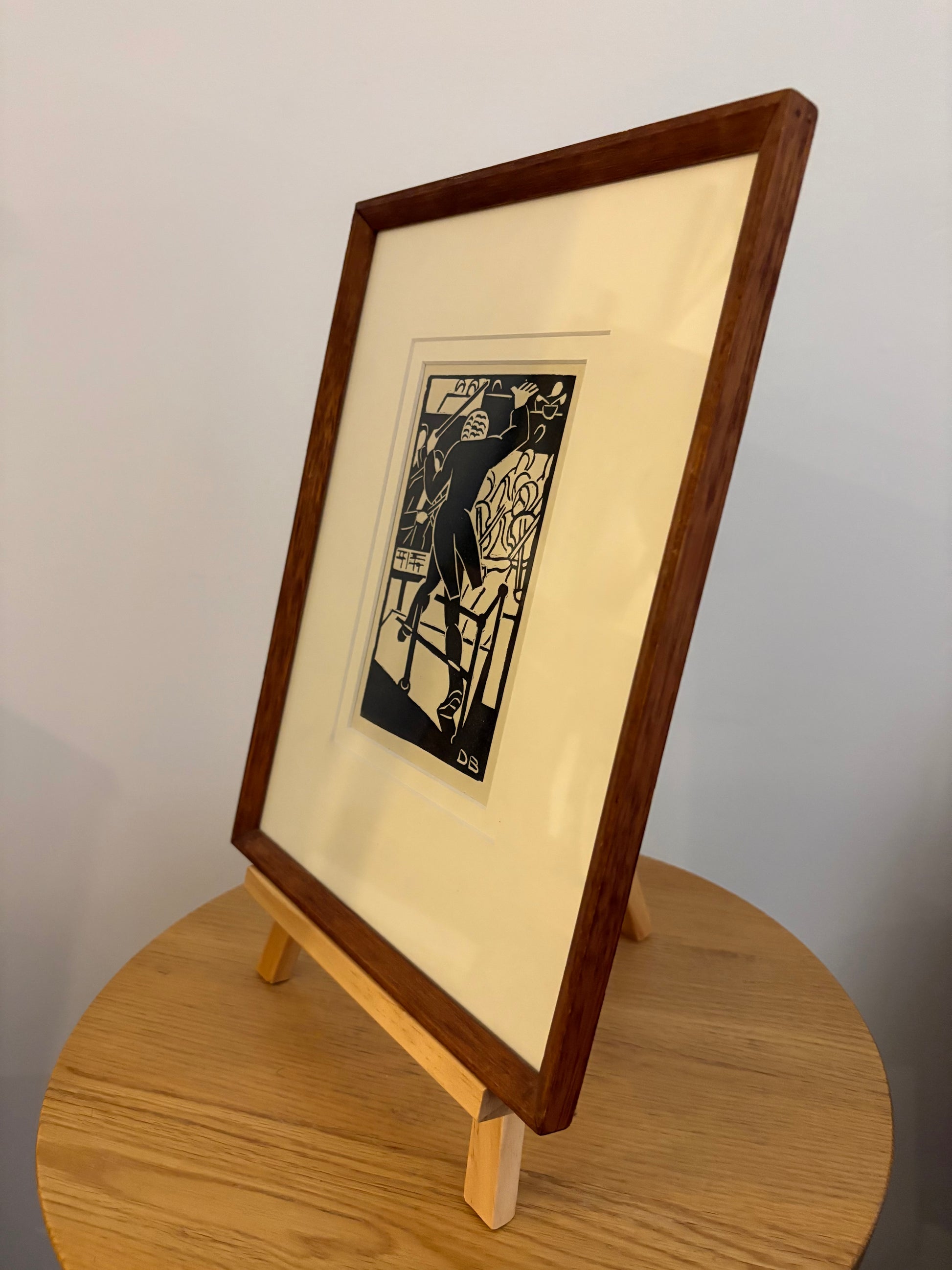 1930s Original linocut print, Dorrit Black, Conductor, framed vintage art