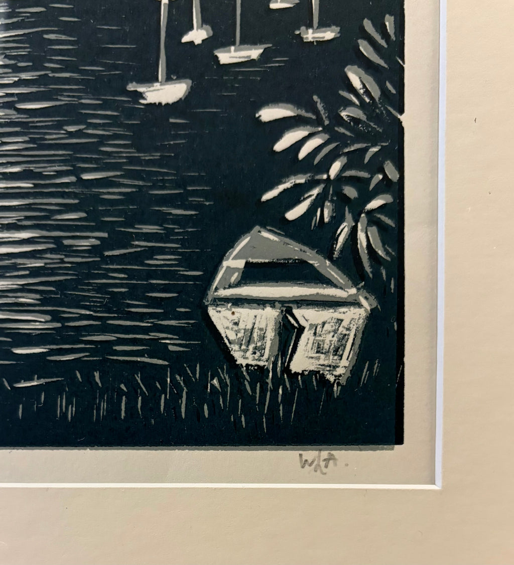 Vintage original linocut print, coastal scene, boats, signed framed art