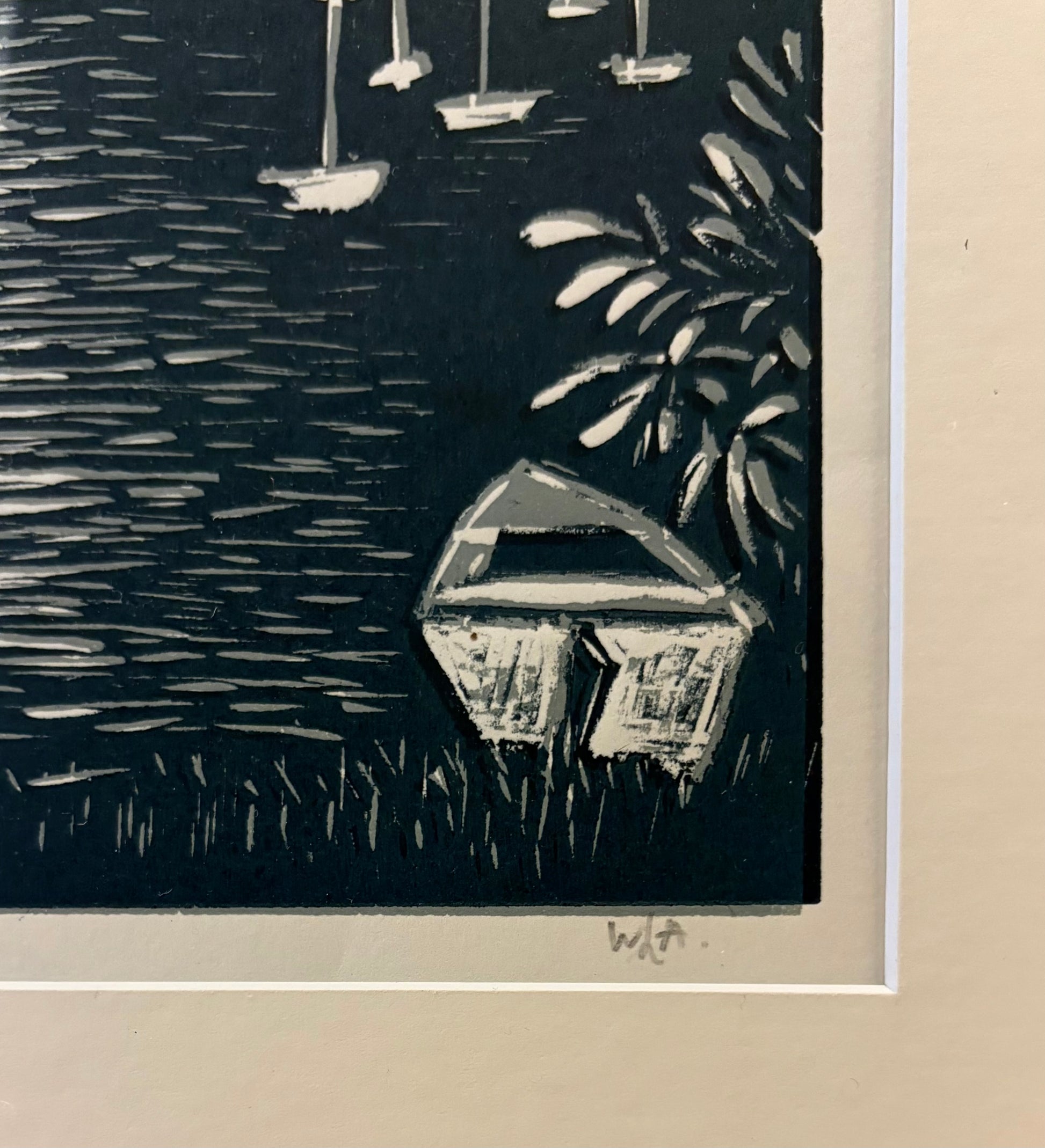 Vintage original linocut print, coastal scene, boats, signed framed art