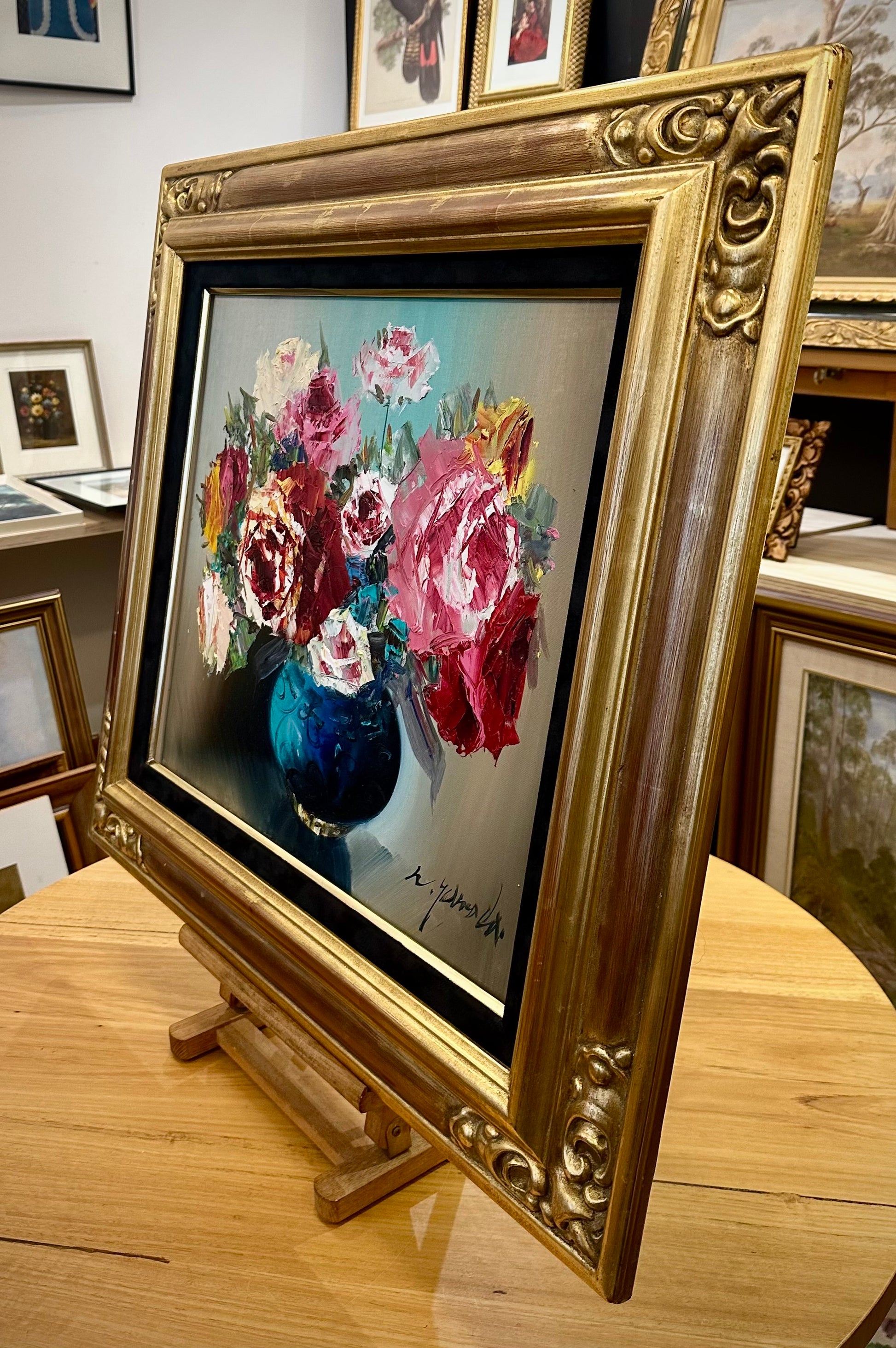 Large vintage original still life floral painting, gilt framed artwork