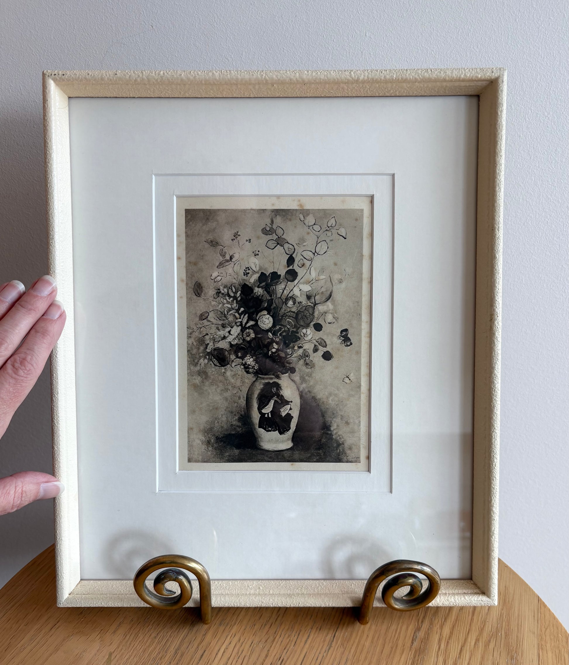 1929 Antique print, Odilon Redon, French, vase of flowers, vintage framed art