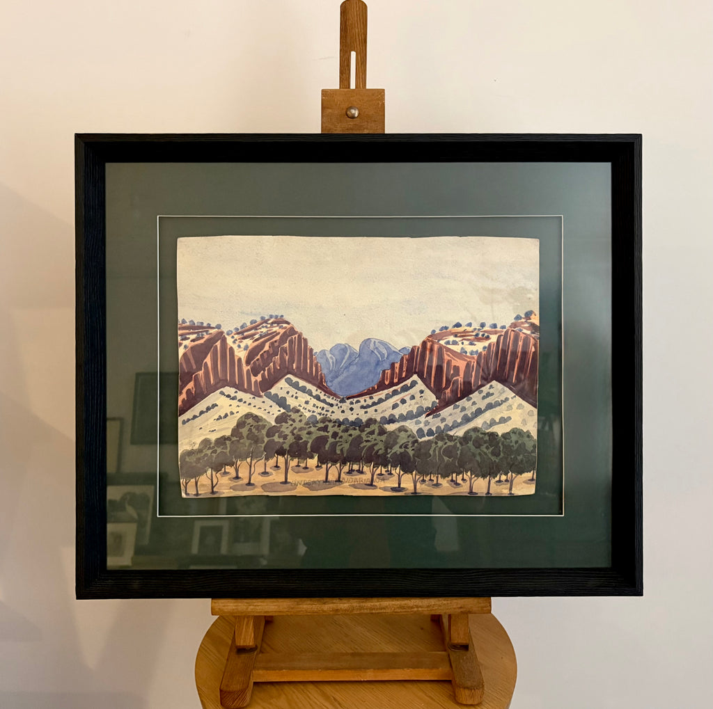 Original 1950s Hermannsberg watercolour painting, Central Australia. Framed mid century landscape
